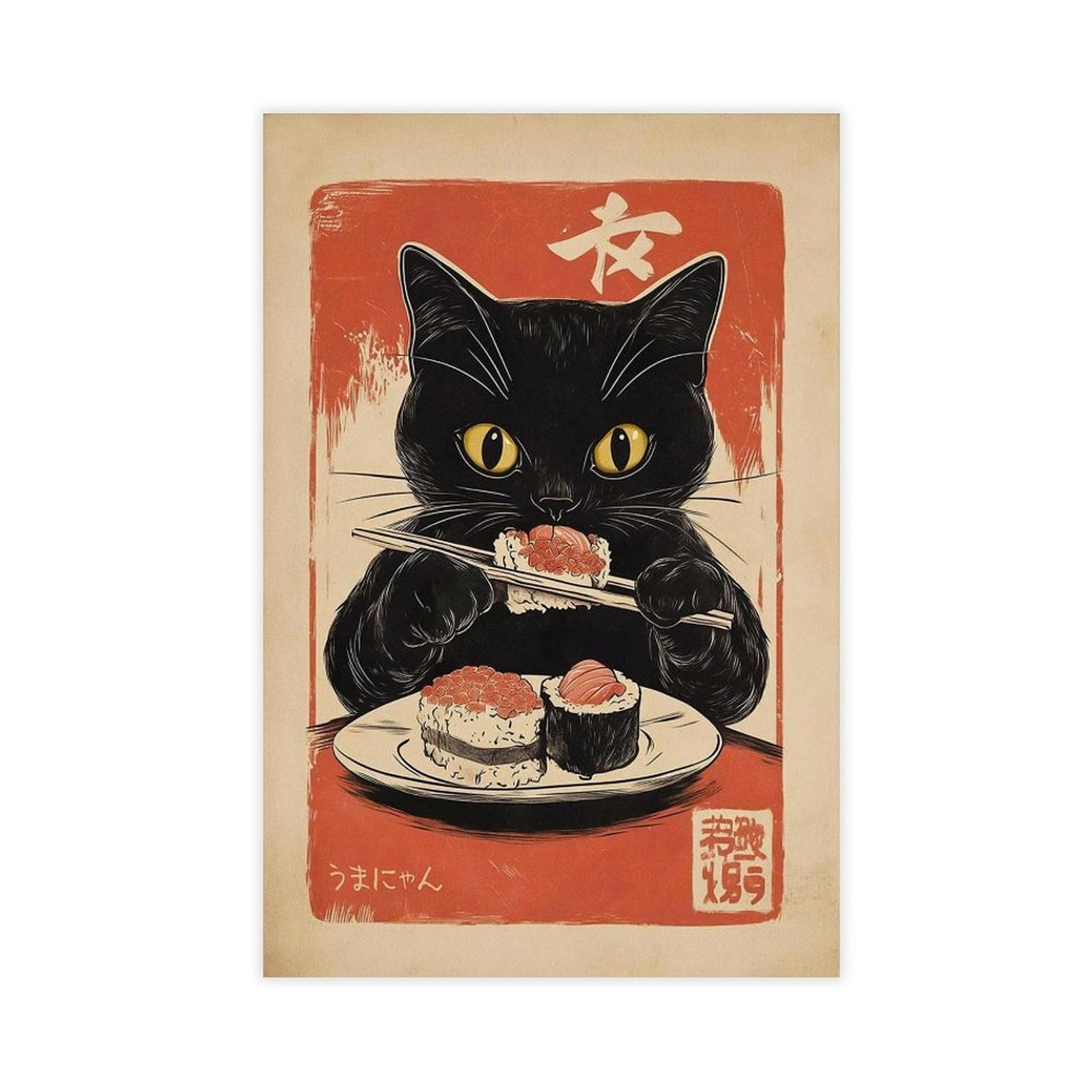 Fvkfvk Unframe-Style Retro Japanese Cat Sushi Kawaii Anime Canvas Poster For Dorm Room Decor Gift