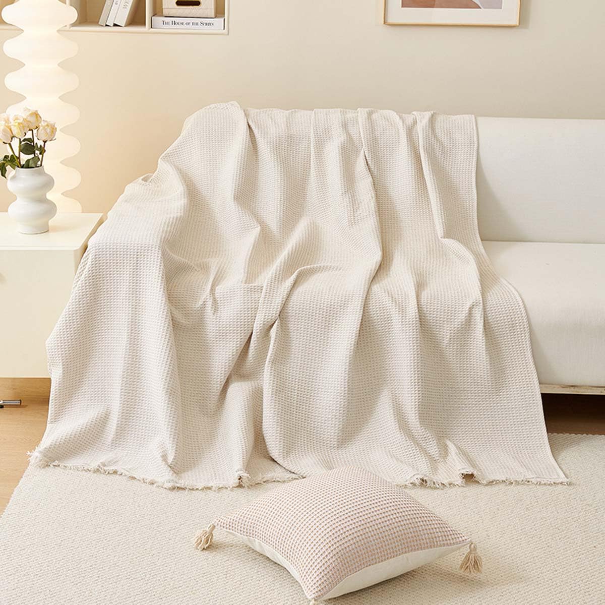Jeté De Canapé Réversible Coton Avec Pompons 180x340 Cm Blanc Cassé - Polyvalent Pour Canapés Et Lits