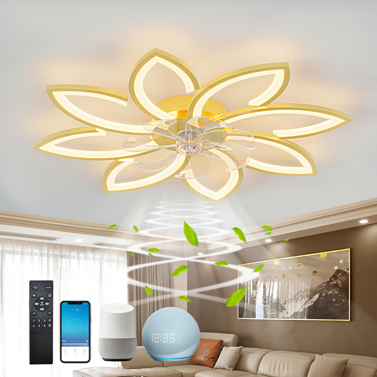 HXYSXHJUO Ceiling Light with Fan, 90cm,Quiet Fan Light, Chandelier,Flower Shape Design,App Dimmable,DC Modes,Summer and Winter,for Living Room (Color : 3)