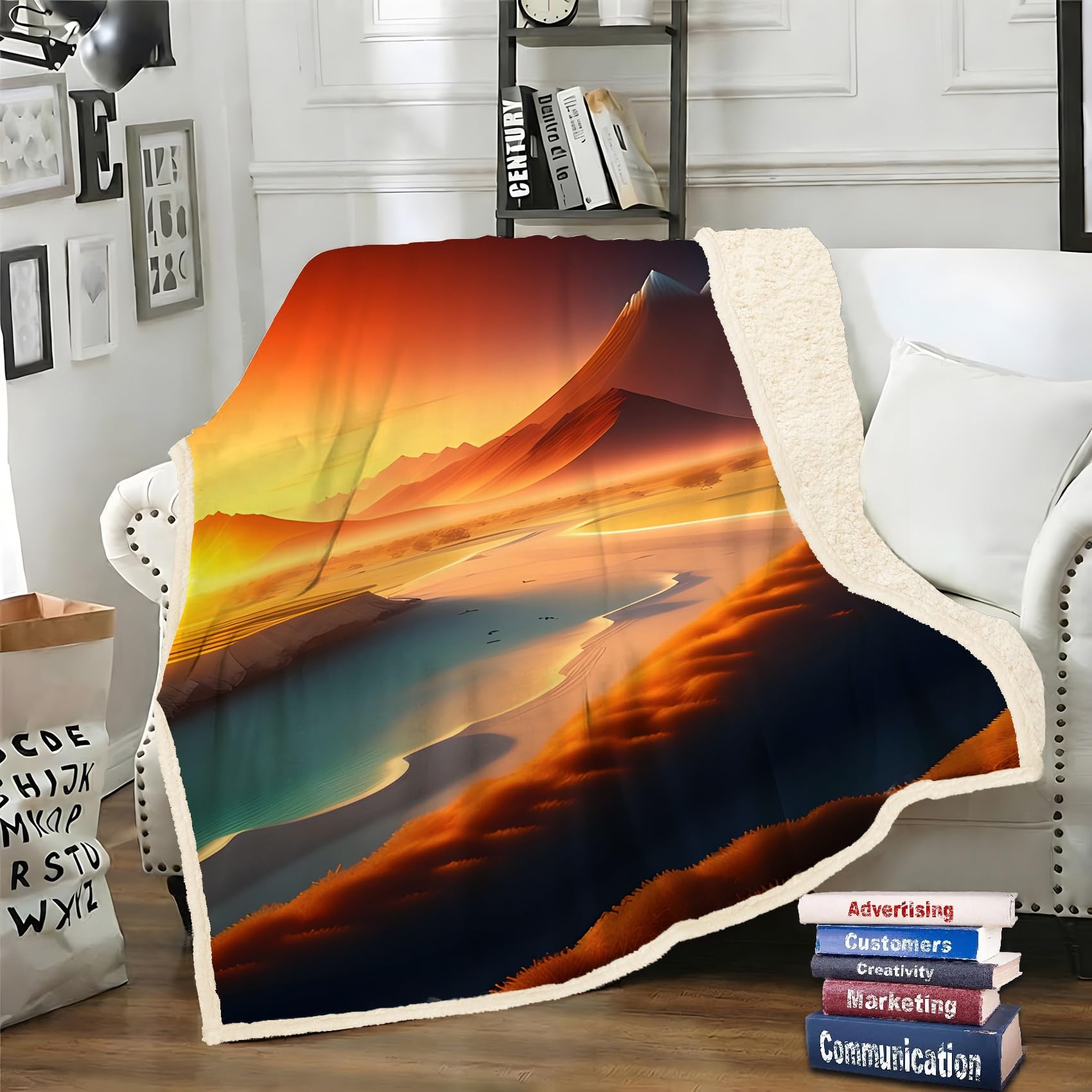 LLSZAHD Desert Landscape Sherpa Blanket Yellow Thermal Fleece Throw, Soft and Fluffy Bed Blanket for Sofa, Armchair or Travel, 130 x 150 cm