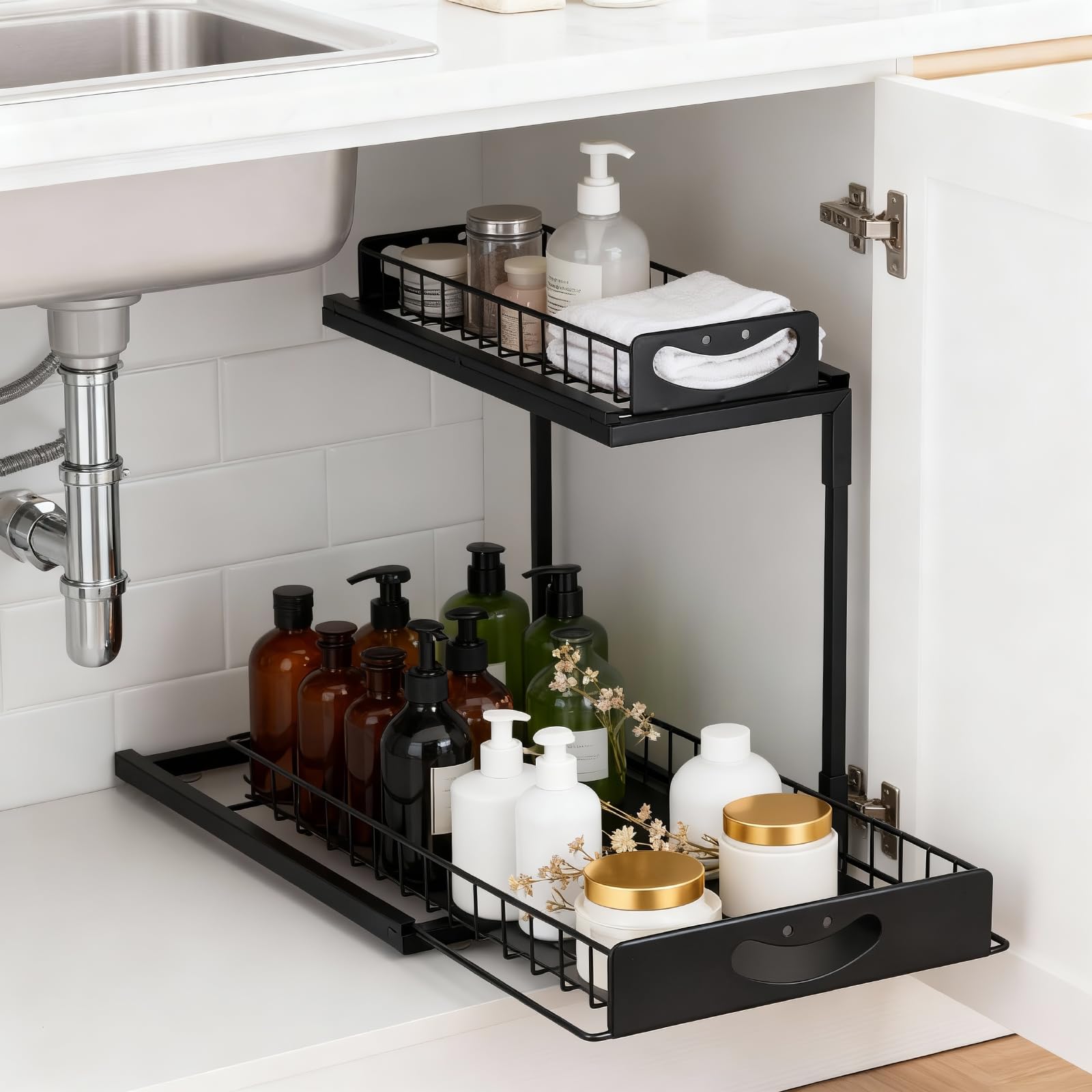MICHIHOMIE Metal Under Sink Storage Organiser, 2-Tier Pull Out Sliding Basket Drawer Rack, Under Sink Organizer with Upgrade Suction Cups, Cupboard Storage Solution