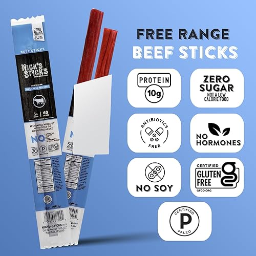 Miniatura 7 de Palitos de carne de res alimentada con pasto Nick's Sticks, sin gluten, sin antibióticos u hormonas (25 paquetes de 2 palitos)