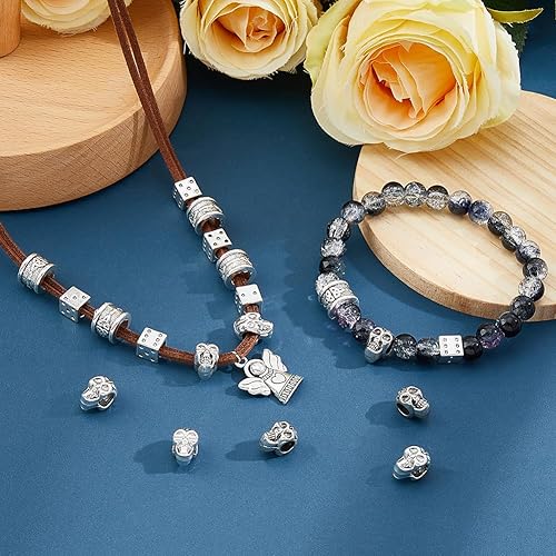 Miniatura 5 de DICOSMETIC 50 cuentas de cabeza de calavera de plata antigua, cuentas espaciadoras de calavera de esqueleto de esqueleto macroporoso, cuentas de