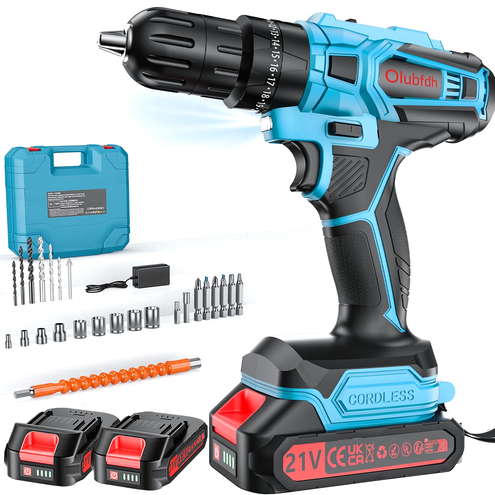 Taladro Percutor a Bateria 21V, Taladro Atornillador Bateria con 4000mAh Baterías, 45 Nm, 25+3 Ajuste Par (2 Velocidad y LED) Drill Adecuado para bricolaje en casa y jardín (Azul)