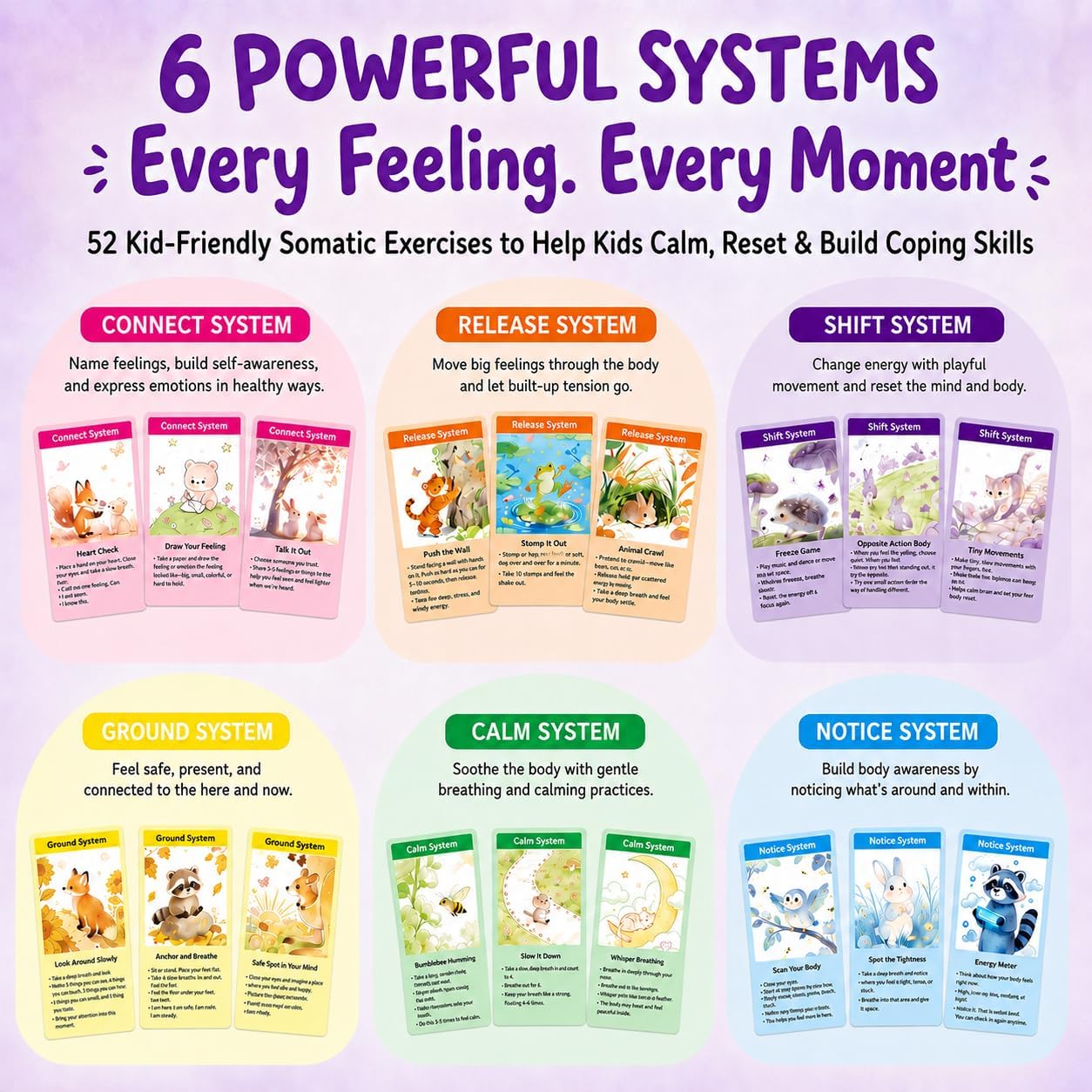 Somatic Therapy Cards for Kids, 52 Emotional Regulation Exercises Mindfulness, Calm, Focus & Coping Skills Therapy Tools for Home, School, Calm Down Corner Ages 5-12 image 3