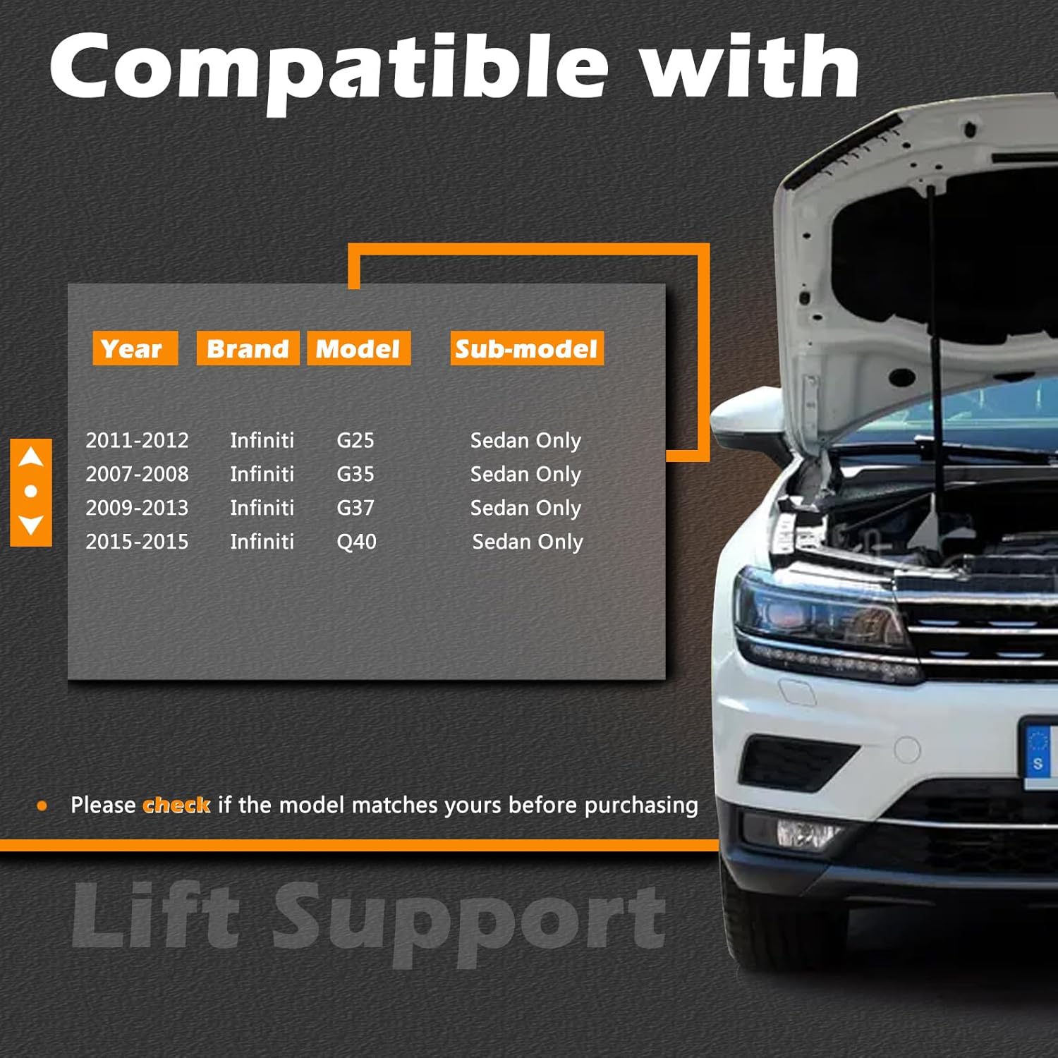 2Pcs 13 in Front Hood Struts Lift Supports Compatible with Infiniti G25 11-12 / G35 07-08 / G37 09-13 / Q40 2015 Sedan Only Shock Gas Spring Prop Rod Cylinder Replace 65470JK000 65470JK00C 65471JK000