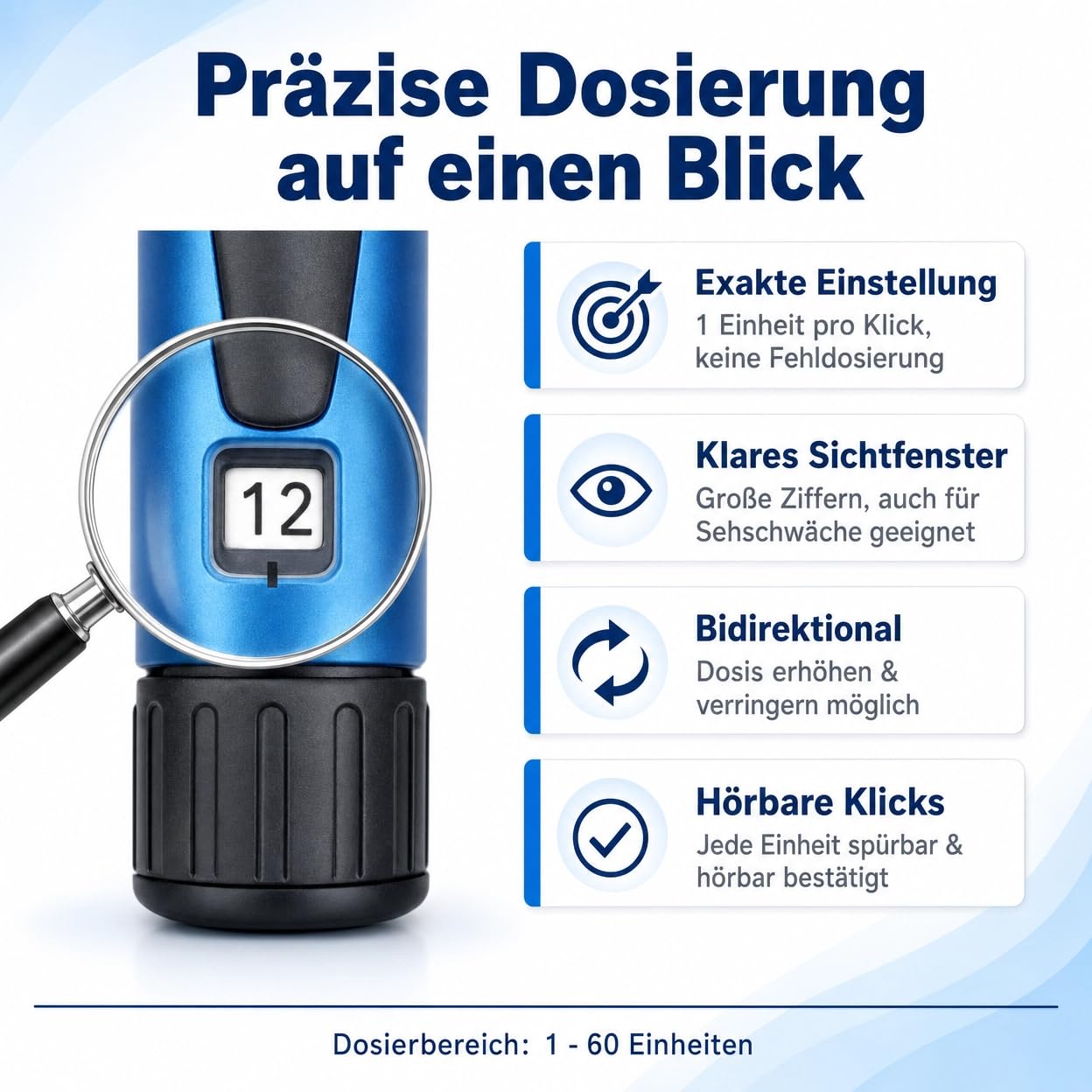 Wiederverwendbarer Insulinpen, Insulinspender, Insulinstift, Exakte Dosierung von 1–60 Einheiten, 3ml Patronen, Leicht & Tragbar, Injektionsgerät
