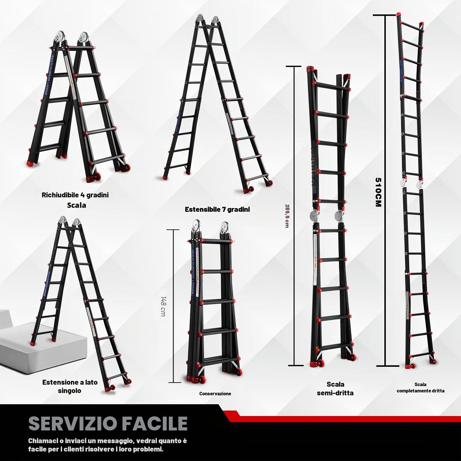 TEENO Scala Pieghevole Multifunzione 5,1 m, Scala telescopica con 2 Rimovibile Ruote e Base Rinforzata Triangolare, 5x5 Gradini, Carico 150KG, Nero