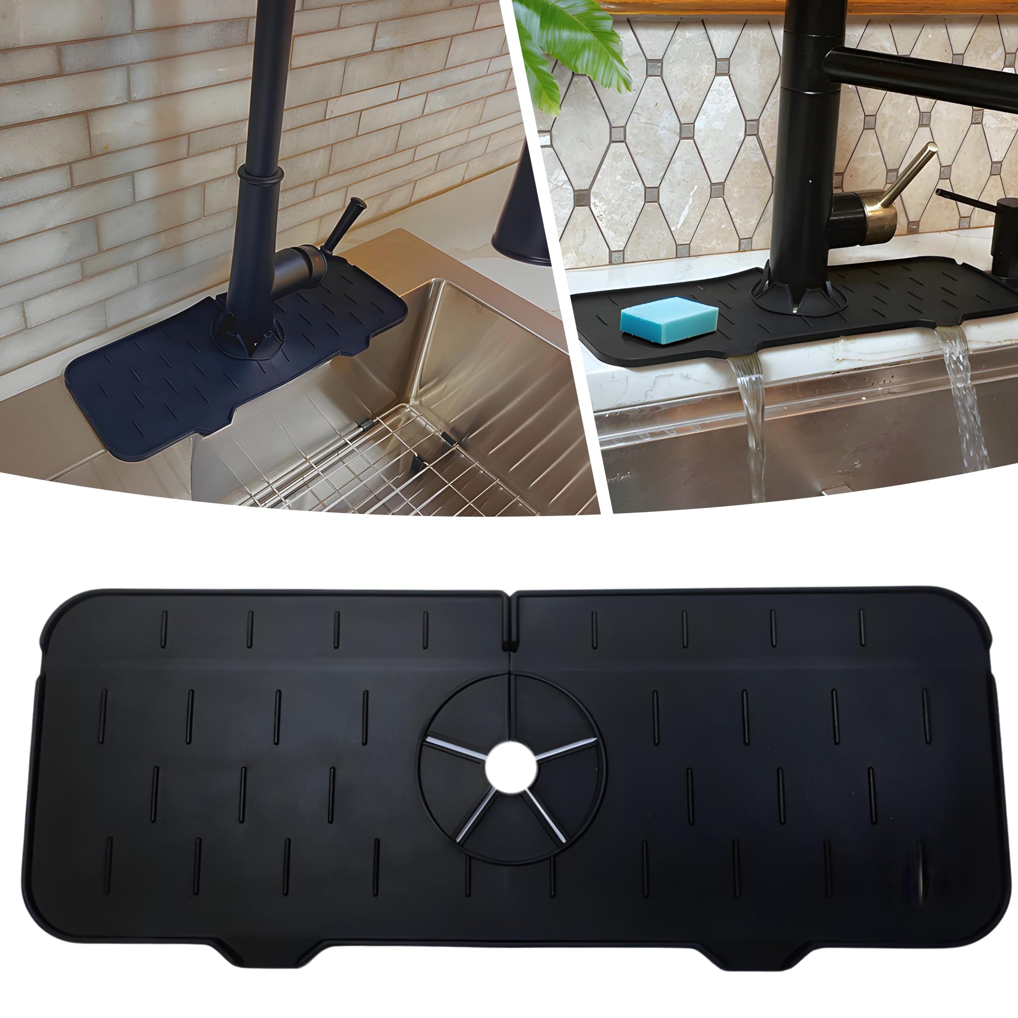 Silicone Sink Splash Guard, Drip Catcher Tray Mat | Kitchen Guard Gadgets Sink Accessories, Kitchen Sink Sponge Holder | 15" x 5.5" Drying Mat for Kitchen Counter, Faucet Accessories - Black