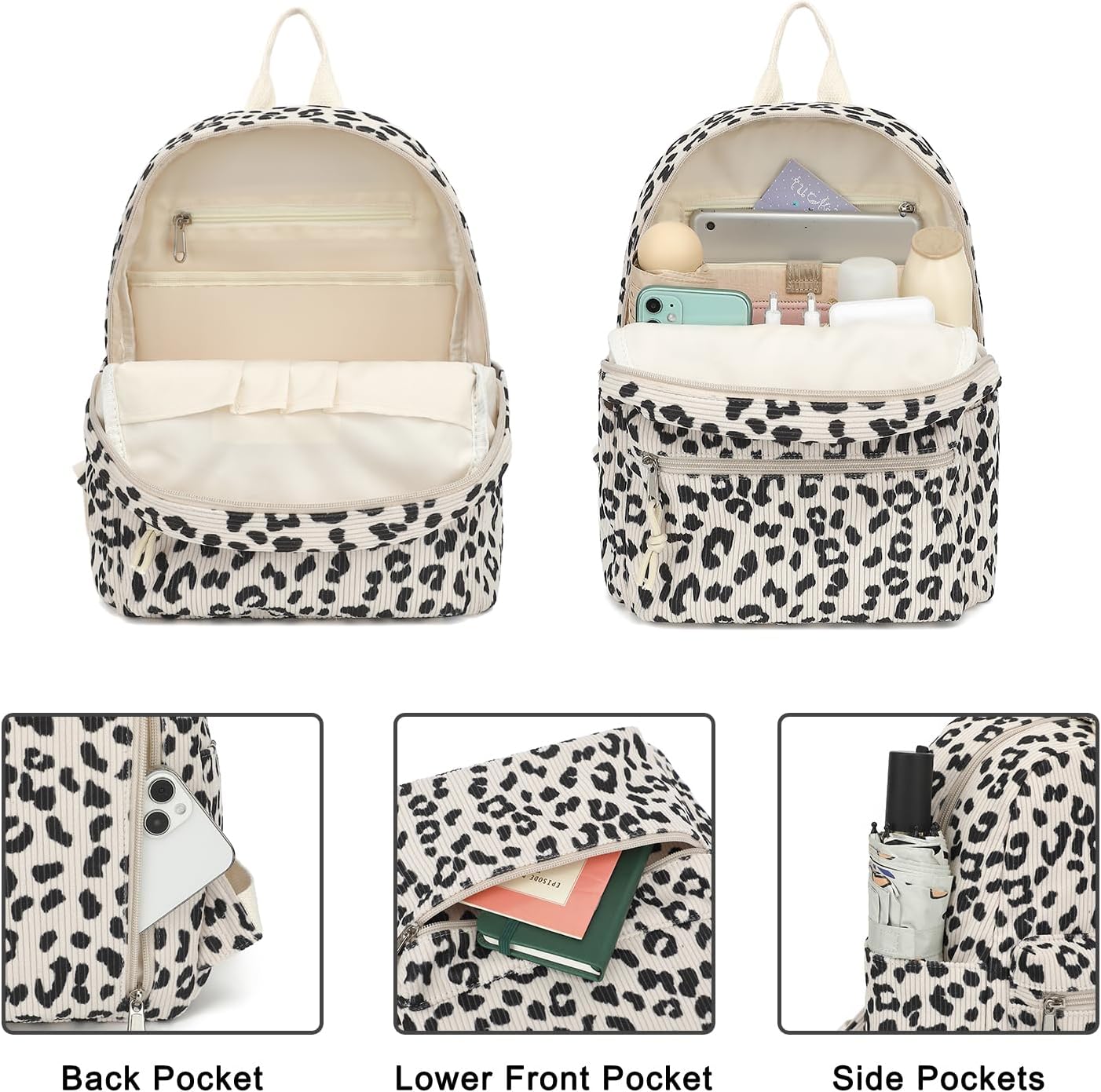 Corduroy Mini Backpack Purse for Women Girls, Fashion Small Backpack for Adults Teens Kids School Travel (Leopard) - Image 3