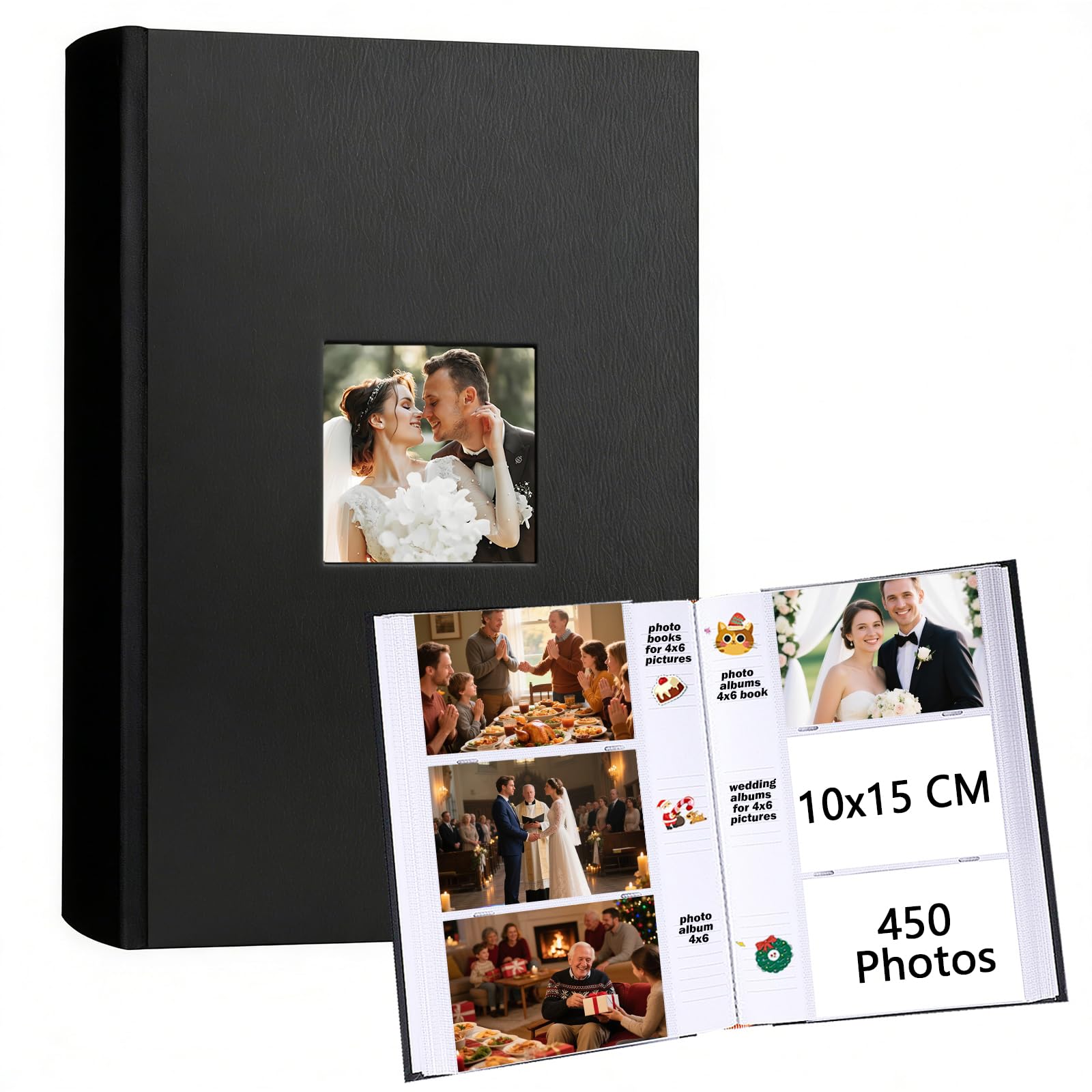 Ruibytree Fotoalbum Einsteckalbum 10x15 mit 450 Fächern – Lederbezug mit Frontfenster, Fotoalbum mit Schreibbereich – 4x6 Zoll Fotoalben für Hochzeit, Familie, Baby, Urlaub (Schwarz)