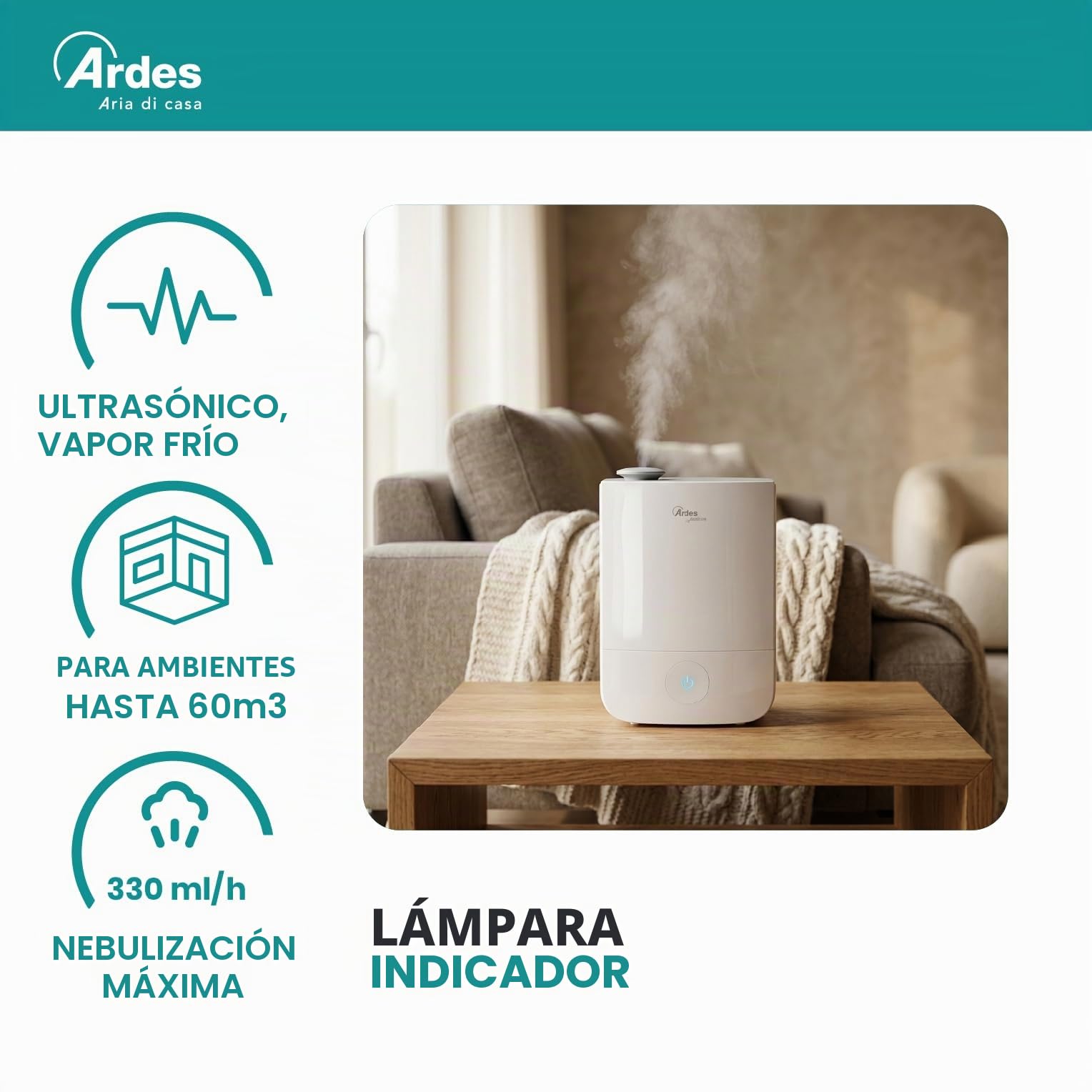 ARDES AR8U10 Humidificador de Ultrasonido NEBULO 30W, Humidificador Profesional Ambientes Casa Oficina Capacidad 4 Litros, 3 Niveles de Vapor con Gran Mando Táctil, Silencioso y Elegante, Blanco