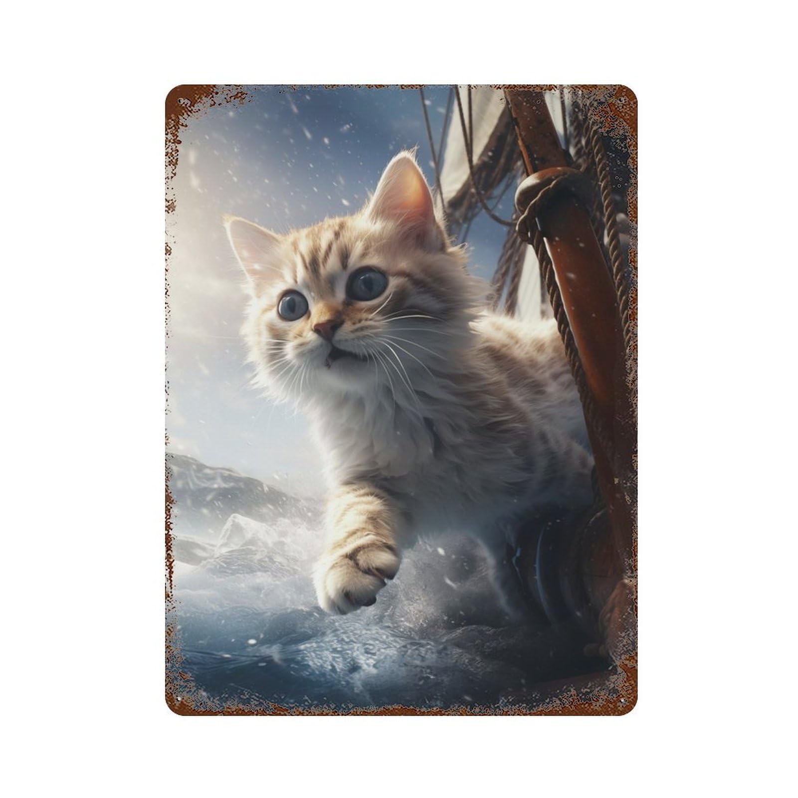 Cute Kitten Boat Trip Sea 15.7"x11.8" Vintage Rust Metal Sign, Shabby Chic Decor for Garage, Bar And Workshop Decor
