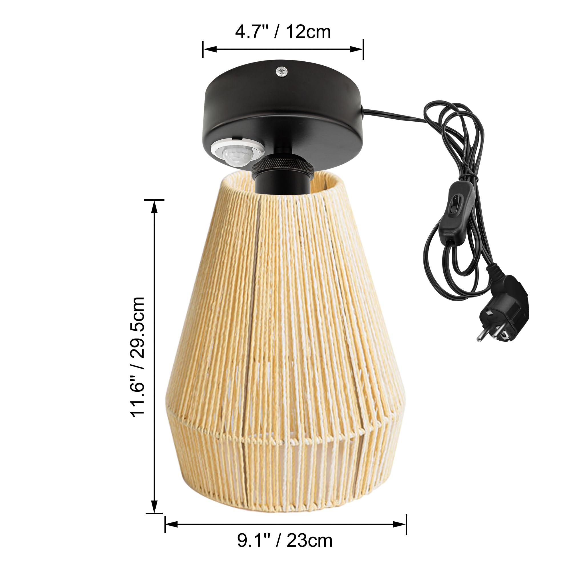 Lampada da soffitto con sensore di movimento interno, giallo boho stile rattan, lampada da soffitto radar, sensore di movimento con cavo da 4,5 m e portalampada E27, per corridoio, bagno,