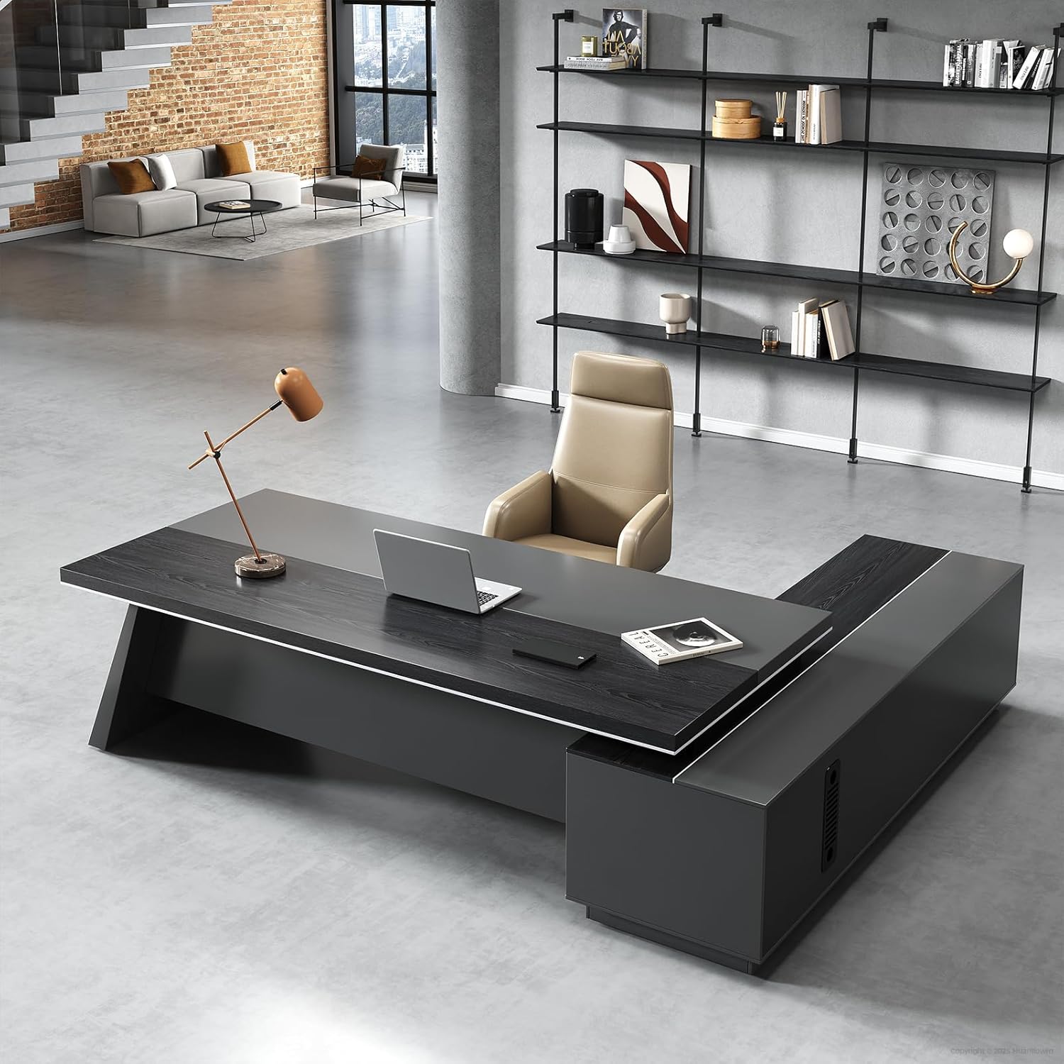 87" L-Shaped Executive Desk with Drawers & Storage Cabinet, Modern Office Desk with Left Return, Black Executive Desk for Home Office, 87" x 63" x 30"