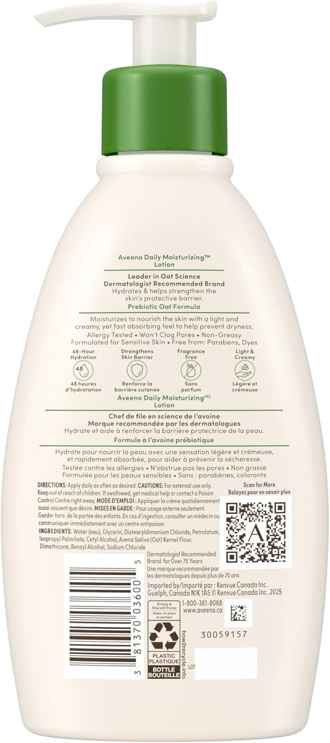 A bottle of Aveeno Daily Moisturizing Lotion, highlighting its fragrance-free formulation and prebiotic oat ingredients.