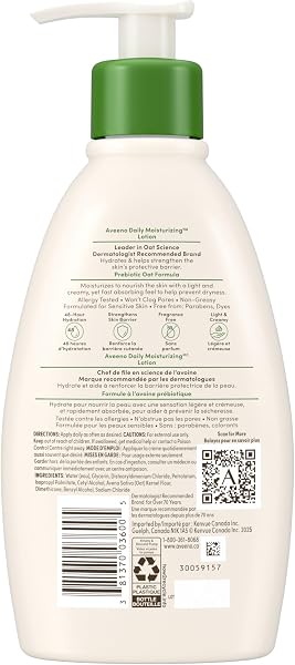 A bottle of Aveeno Daily Moisturizing Lotion, highlighting its fragrance-free formulation and prebiotic oat ingredients.