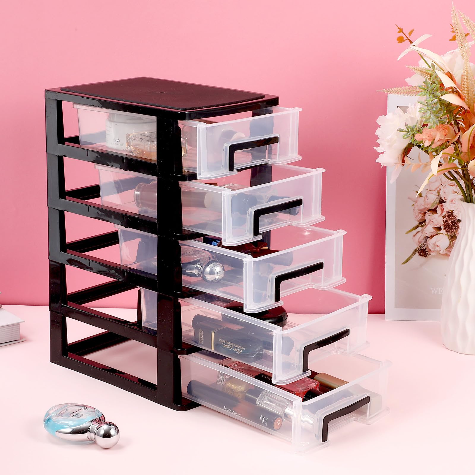 Artibetter Organizer 5 Cassetti in Plastica Trasparente per Scrivania, Cassettiera Portaoggetti Capiente e Pratica per Cosmetici e Materiali da Cucito in Vanità