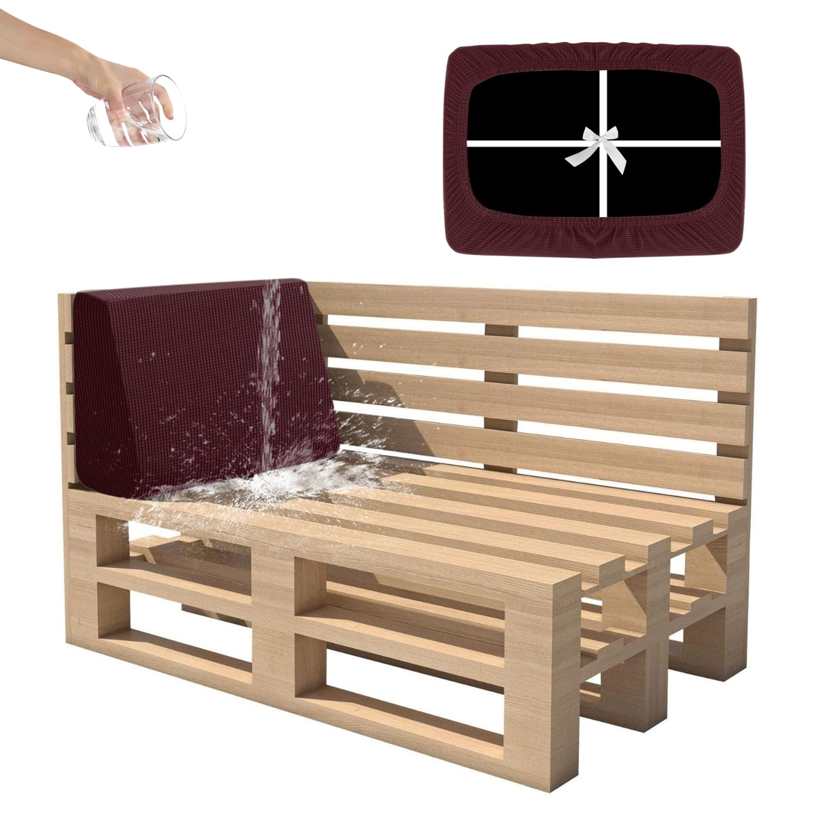 SYLC Waterproof Pallet Cushions Covers, Stretch Cover for Pallet Furniture Cushions with 4 Ties, Outdoor Corner Sofa Covers for Rattan Patio Garden Caravan (Wine-Red,Corner Back 60×40×10/20)