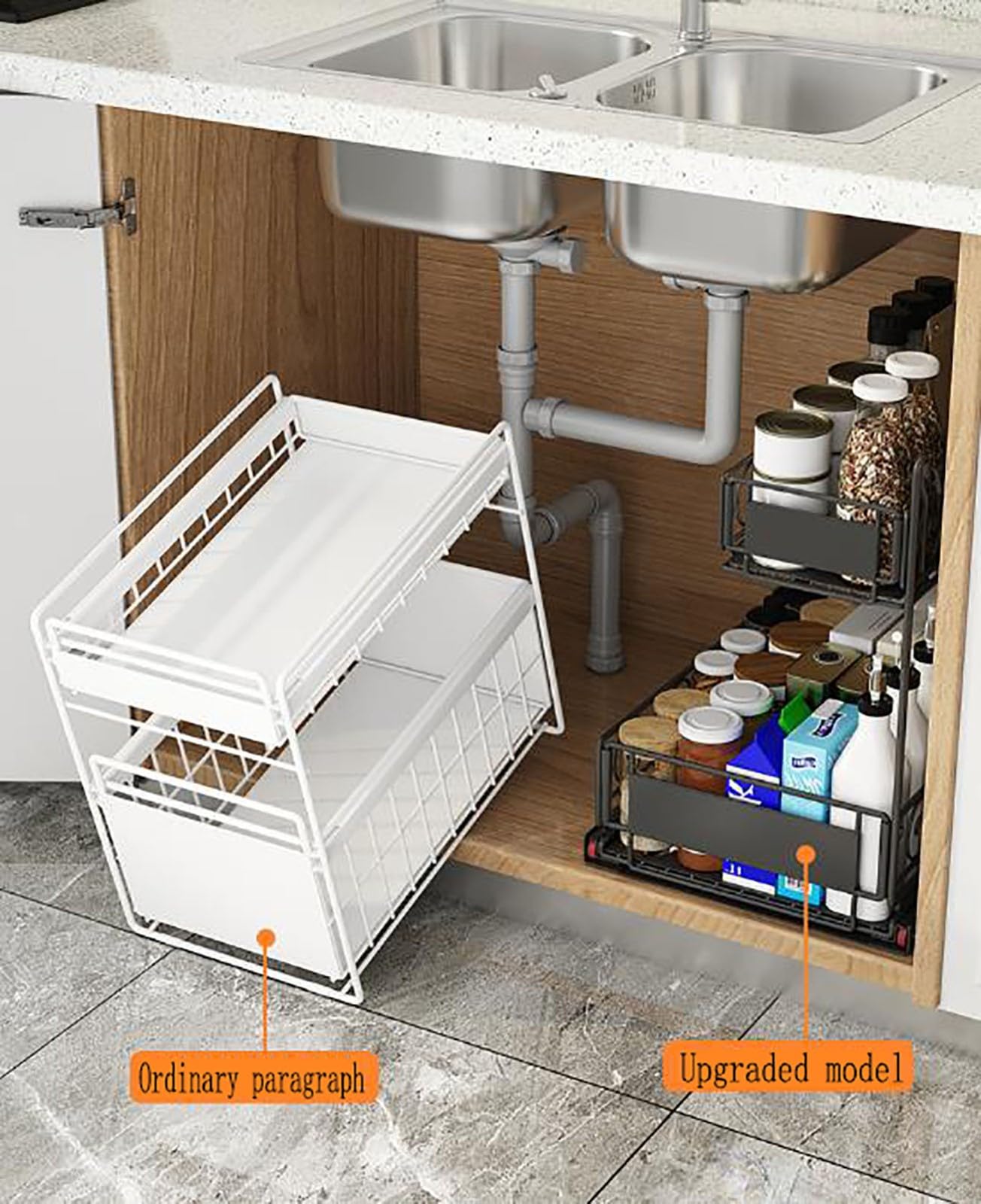 ELZEM Organizador Bajo Fregadero Cocina, Metal 2 Niveles Organizador Extraíble Estante Almacenamiento Debajo Fregadero Forma L, Estante Almacenamiento Integrado Multifuncional Fácil Montar A