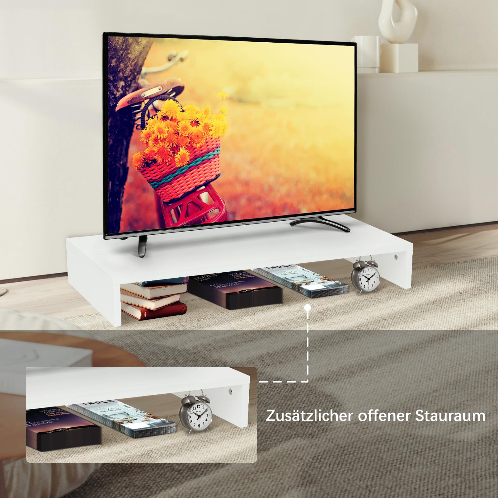 Monitorständer Holz, ergonomische Monitorerhöhung für Schreibtisch, passend für PC, Laptop und TV,Schreibtischaufsatz Bildschirmerhöhung, 85x35x12cm, Weiß