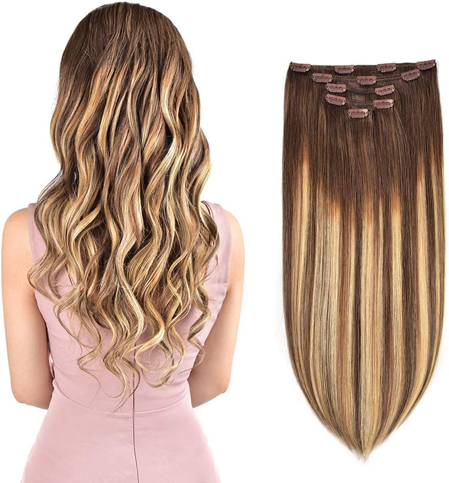 5 Pieces 12" Remy Clip in Hair Extensions Human Hair Light Brown to Dirty Blonde Highlight Brown Ombre - Silky Straight Short Thick Real Hair Extensions for Women (12 inches, (6T24) P6, 60grams)