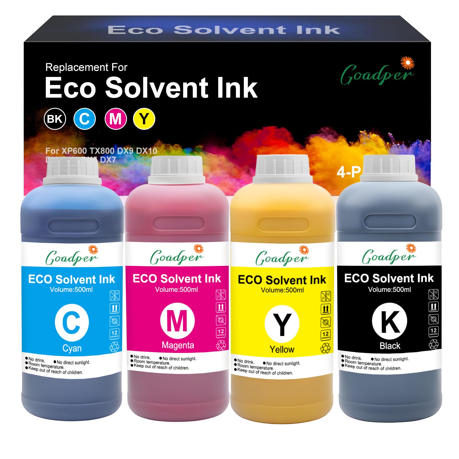 Eco Solvent Tinte Eco Solvent Ink 500ml für Eco Lösungsmittel Tinte kompatibel mit Epson XP600 TX800 DX9 DX10 DX11 DX4 DX5 DX7 I3200 I1600 Druckkof（BK/C/M/Y）