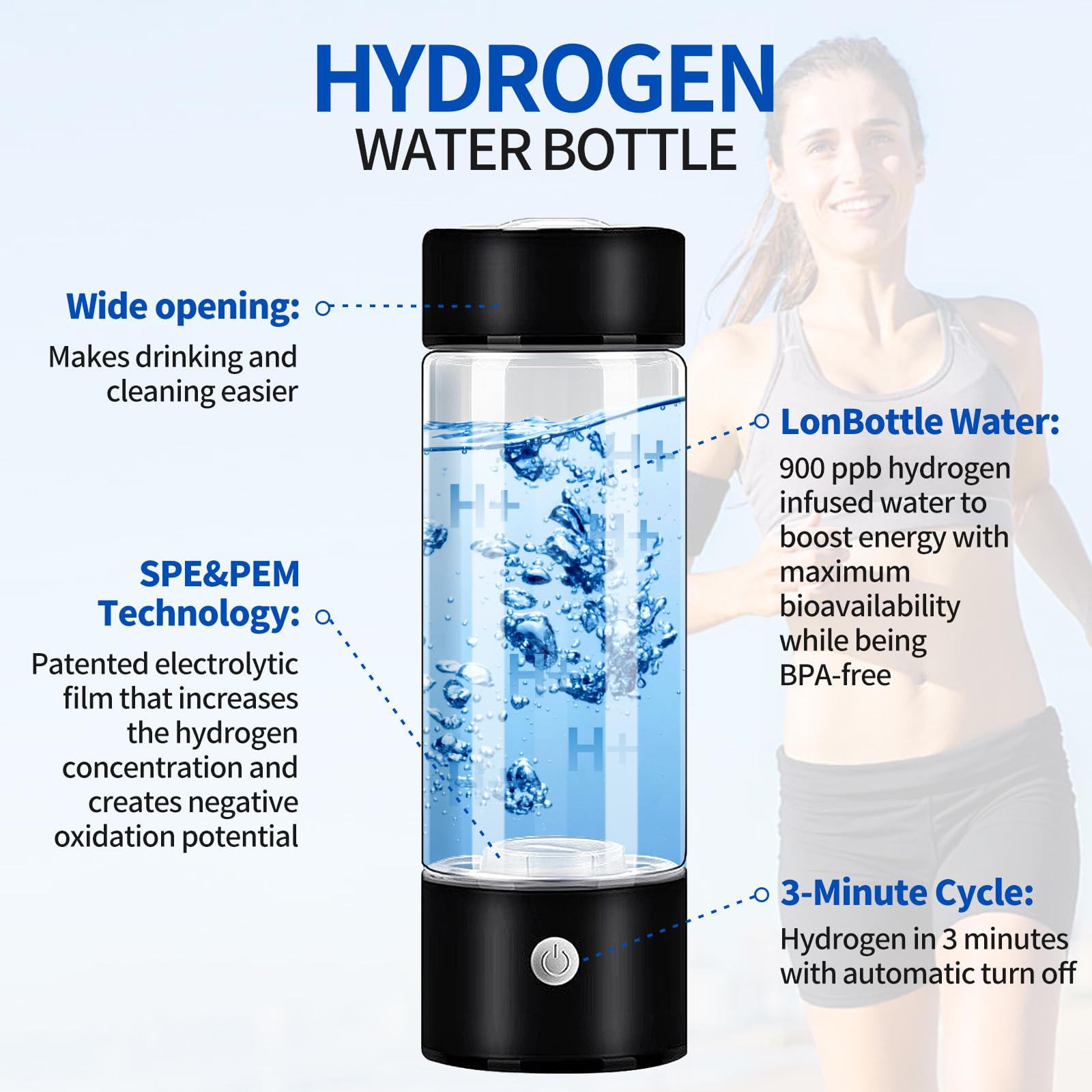 Generatore di Idrogeno, Bottiglia D'acqua Idrogenata, Generatore Portatile di Bottiglie di Idrogeno, Ionizzatore D'acqua, Ideale per Ufficio, Viaggi e Lavoro (Nero)