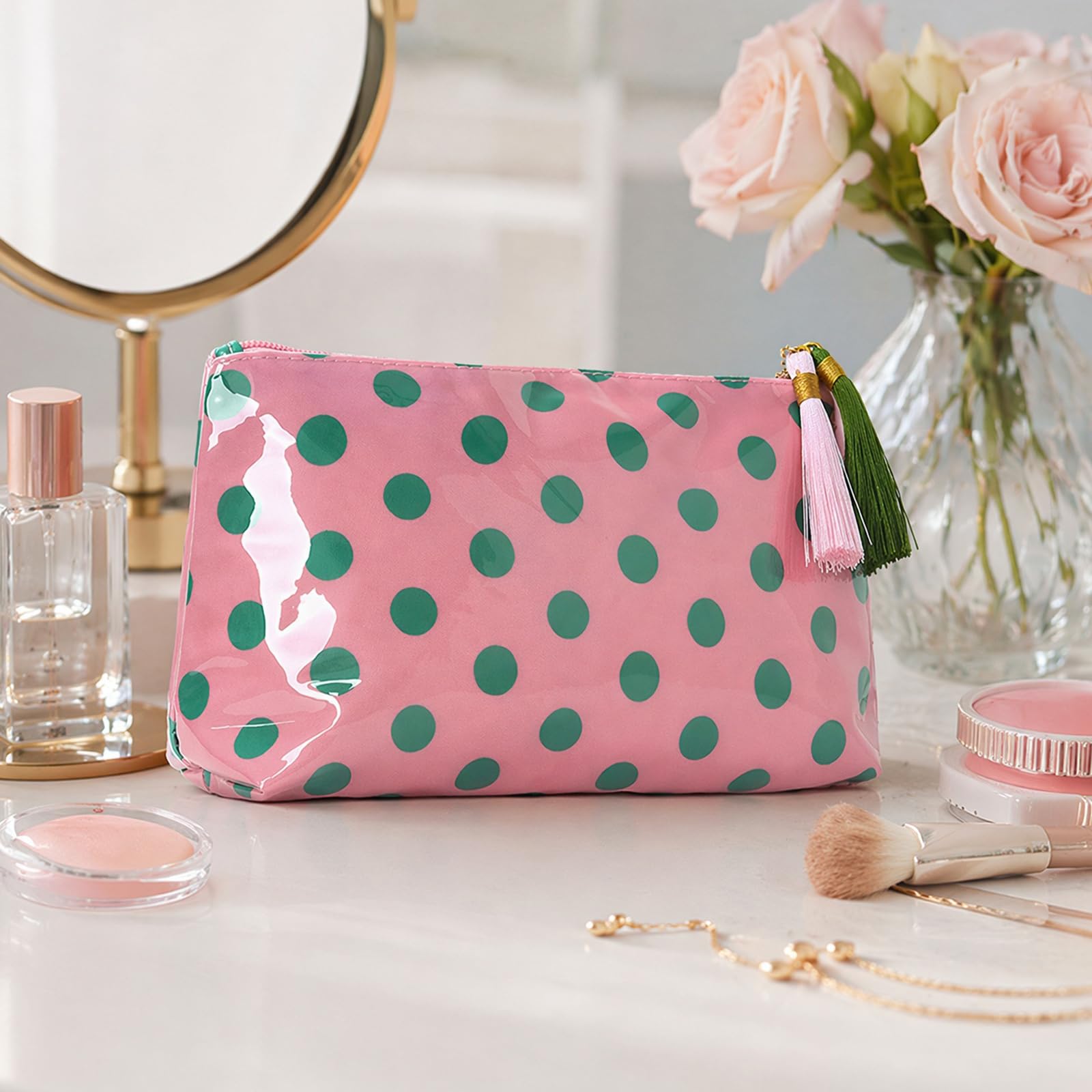 Make-up-Taschen für Damen, PVC, Retro-Motiv, gepunktet, Quaste,