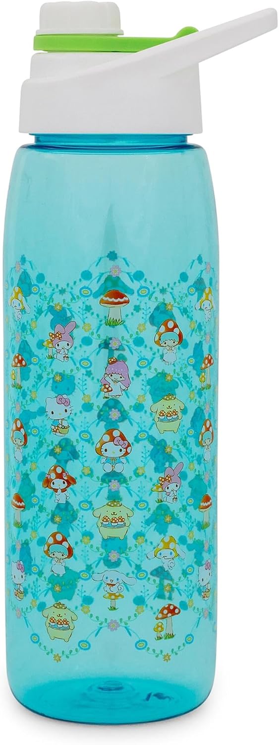 Silver Buffalo Sanrio Hello Kitty And Friends Mushroom Crew Water Bottle With Screw-Top Handle Lid | Large Plastic Sports Jug | Holds 28 Ounces