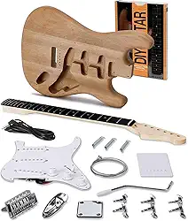 VEDO Kit de guitarra elétrica ST para montar, corpo em mogno/braço em maple, guitarra elétrica de 6 cordas, kit de guitarra DIY, escala em pau-roxo, captadores SSS, guitarra estilo ST para iniciantes