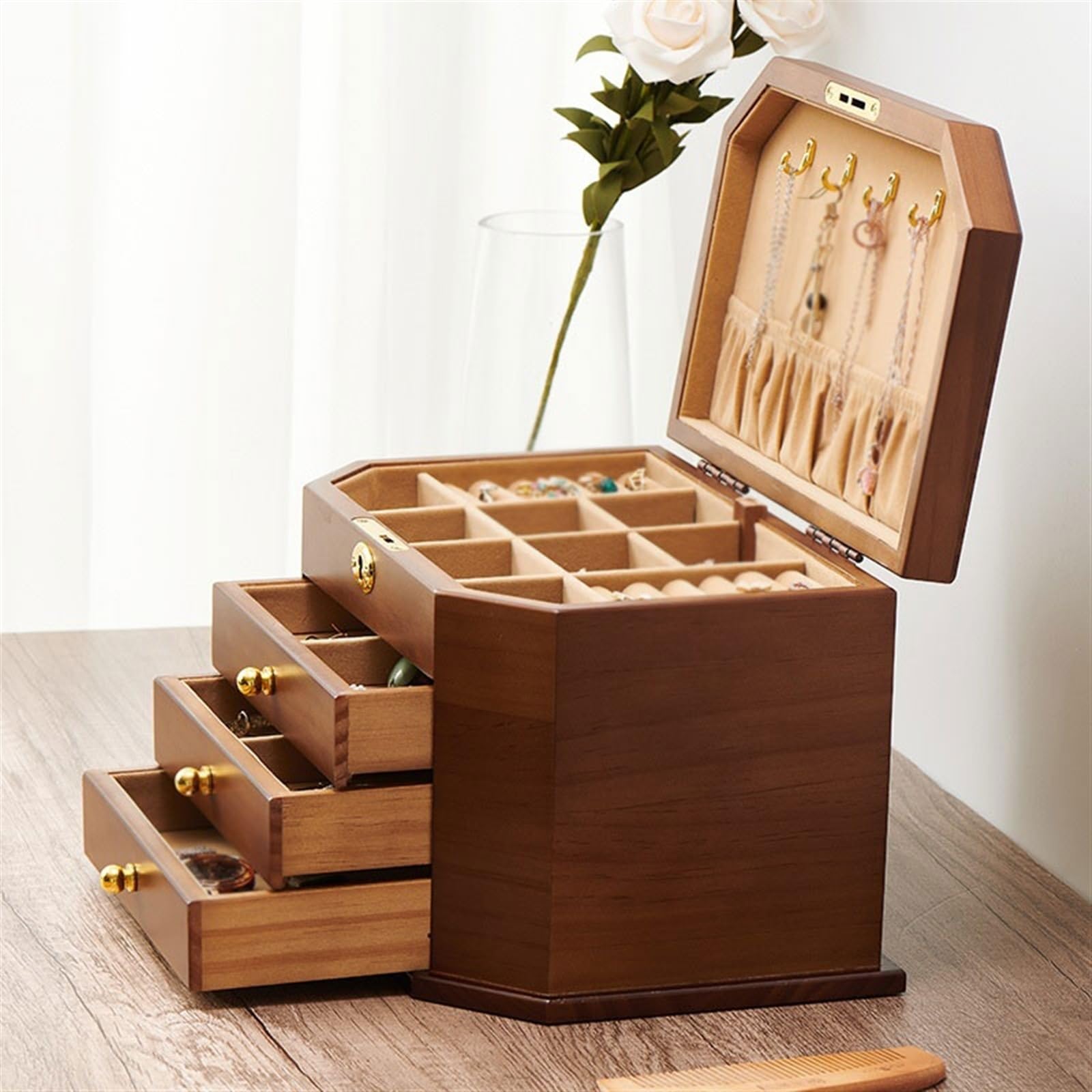 Jewelry Boxes Solid Wood Jewelry Storage Box with Lock Earrings Necklace Jewelry Box Large Capacity Simple Retro Jewelry Boxes