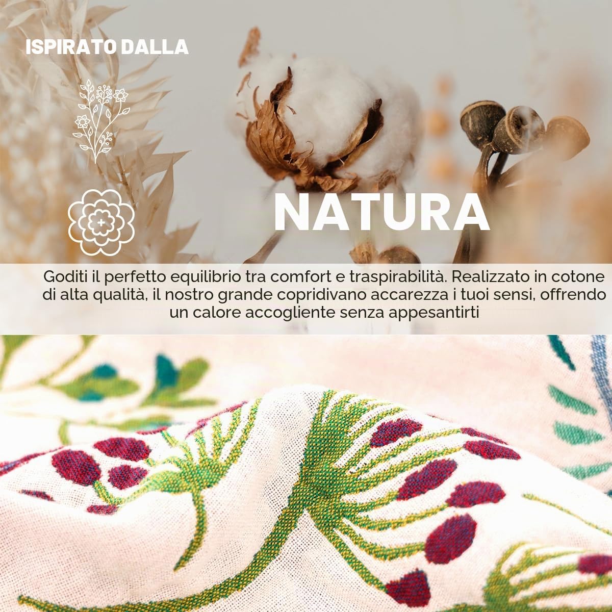 Plaid Divano Cotone Floreale Coperta Boho per Divano Coperta Cotone Matrimoniale Copriletto Matrimoniale 200x230cm, Foglia-Bianco