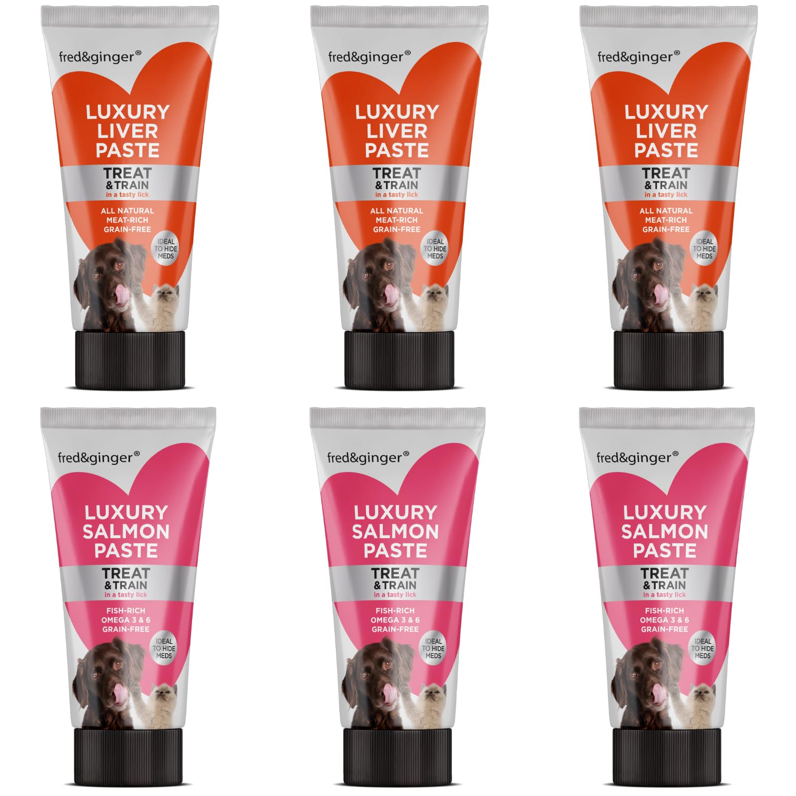 Liver Paste & Salmon Paste Tubes for Dogs and Cats 75g [Pack of 6] Grain Free, Hypoallergenic Luxury Liver Pate Ideal Training Aid, Medication Administering, Lick Matt