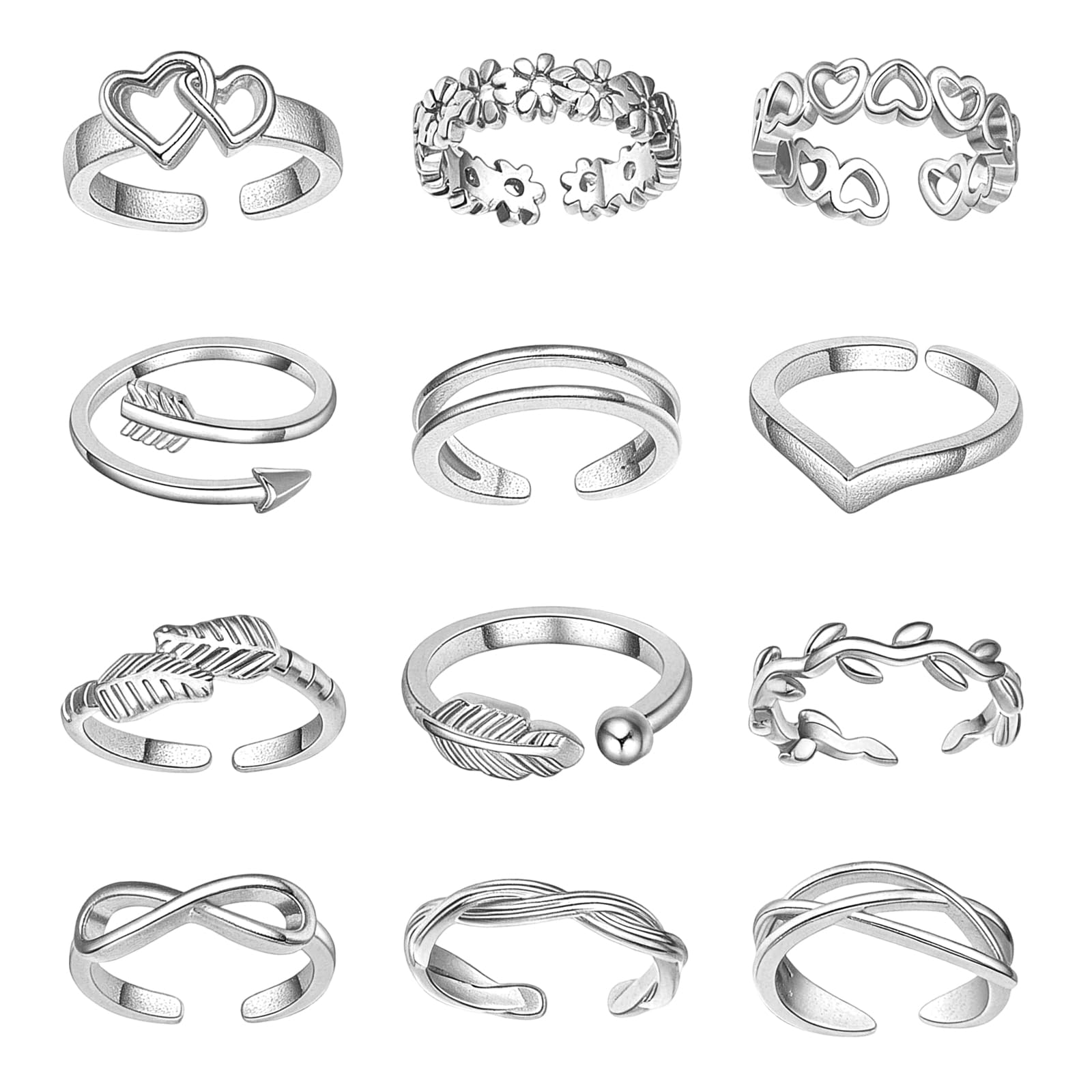 12 Piezas Anillos para el Dedo del Pie Mujer, Anillos de Dedo Ajustables, Anillo de Dedo del Pie Abiertos, Joyería Regalo Amistad San Valentín Día de la Madre, Plata