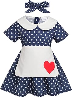 IDOPIP 1950s Housewife Costume for Girls Kids Baby Halloween Birthday Party Dress up Retro Polka Dot Print Tutu Dress with Apron + Headband Housewife Outfit Navy Blue Polka Dot - Heart 18-24 Months