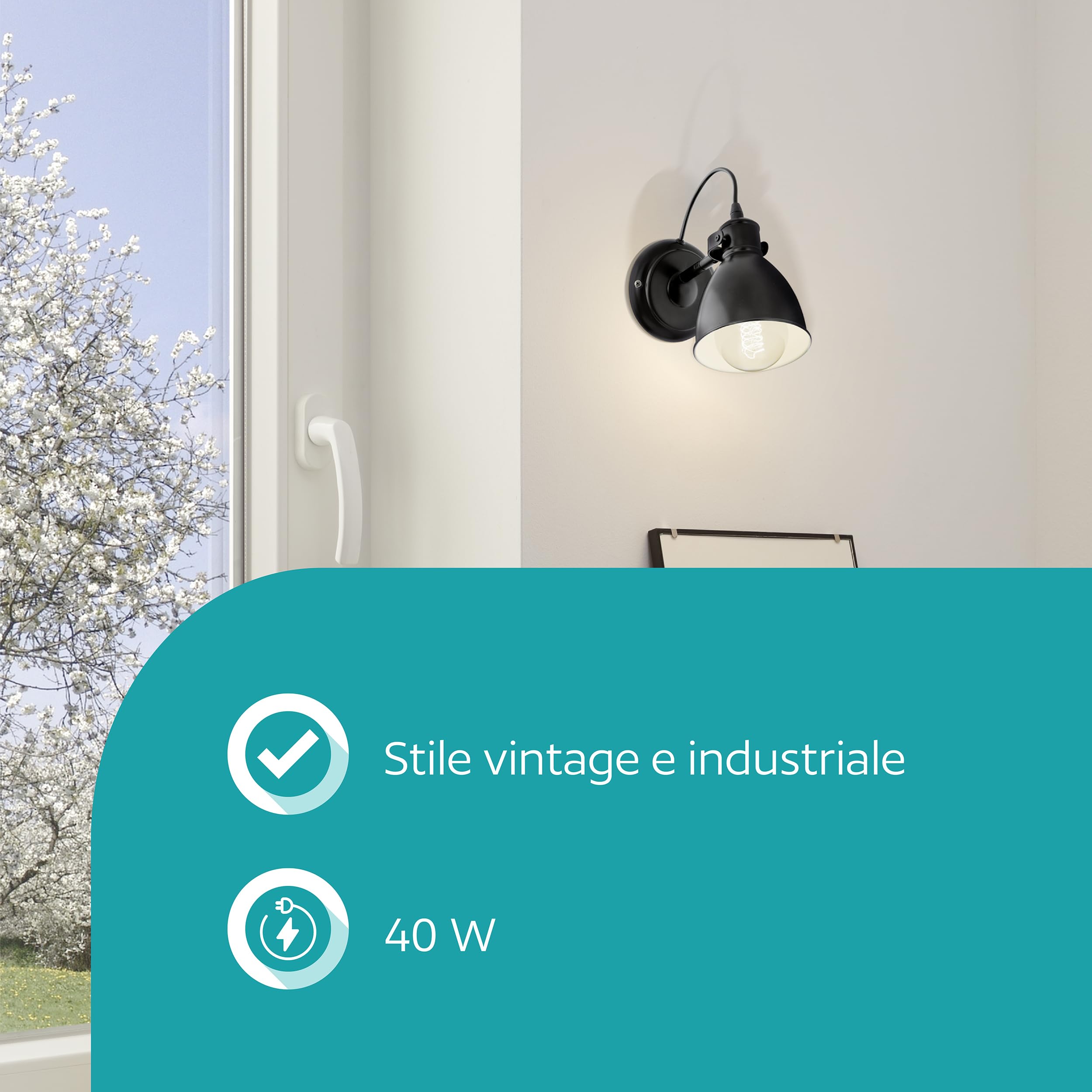 Eglo Lampada da parete Priddy, lampada da parete in design industrial vintage a uno punto luce, spot da parete retrò in acciaio, nero, bianco, E27
