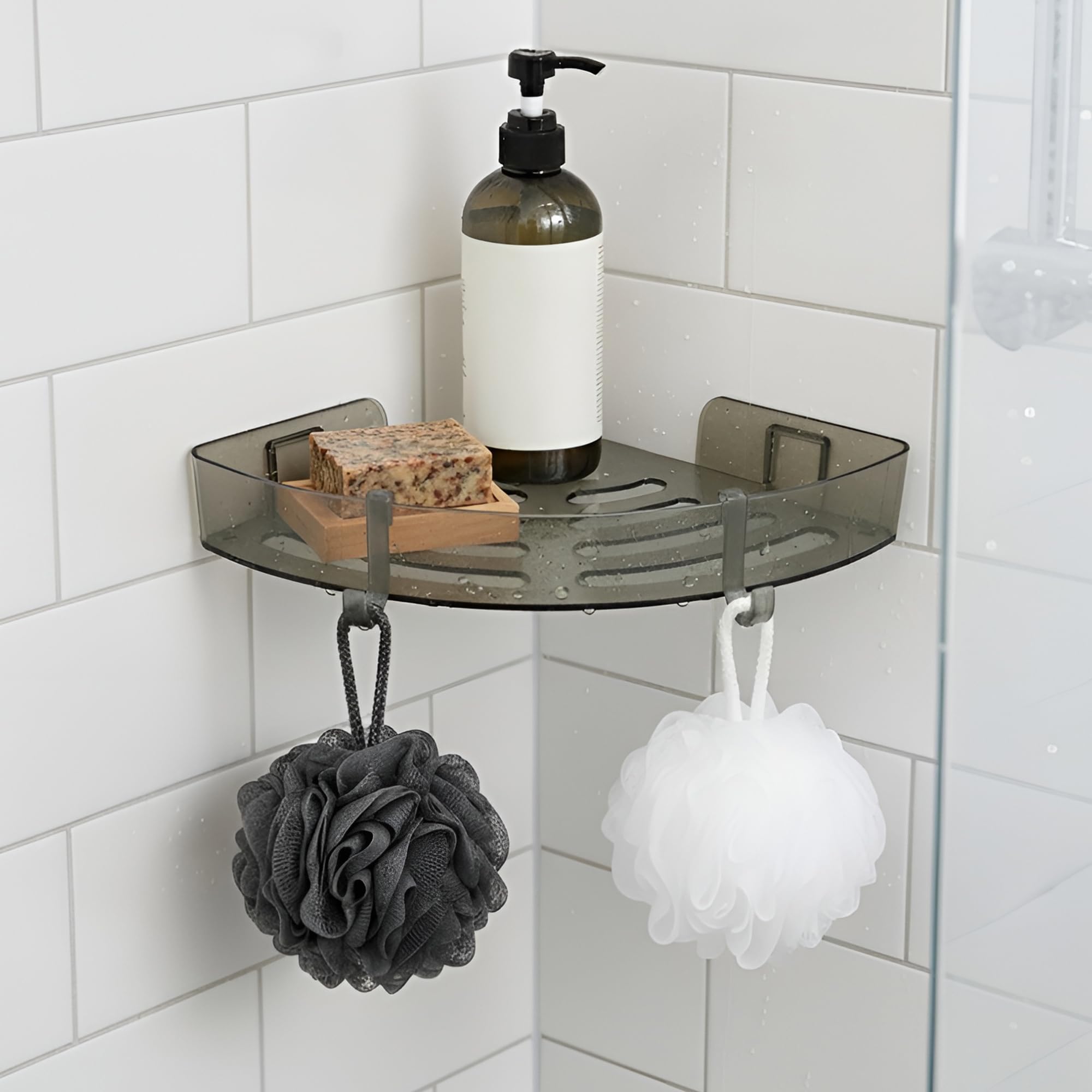 IBELL Grey Plastic Bathroom Corner Shelf with Hooks | Waterproof Triangular Wall Shelf | Easy Installation Storage Organizer for Bathroom & Kitchen-image-4