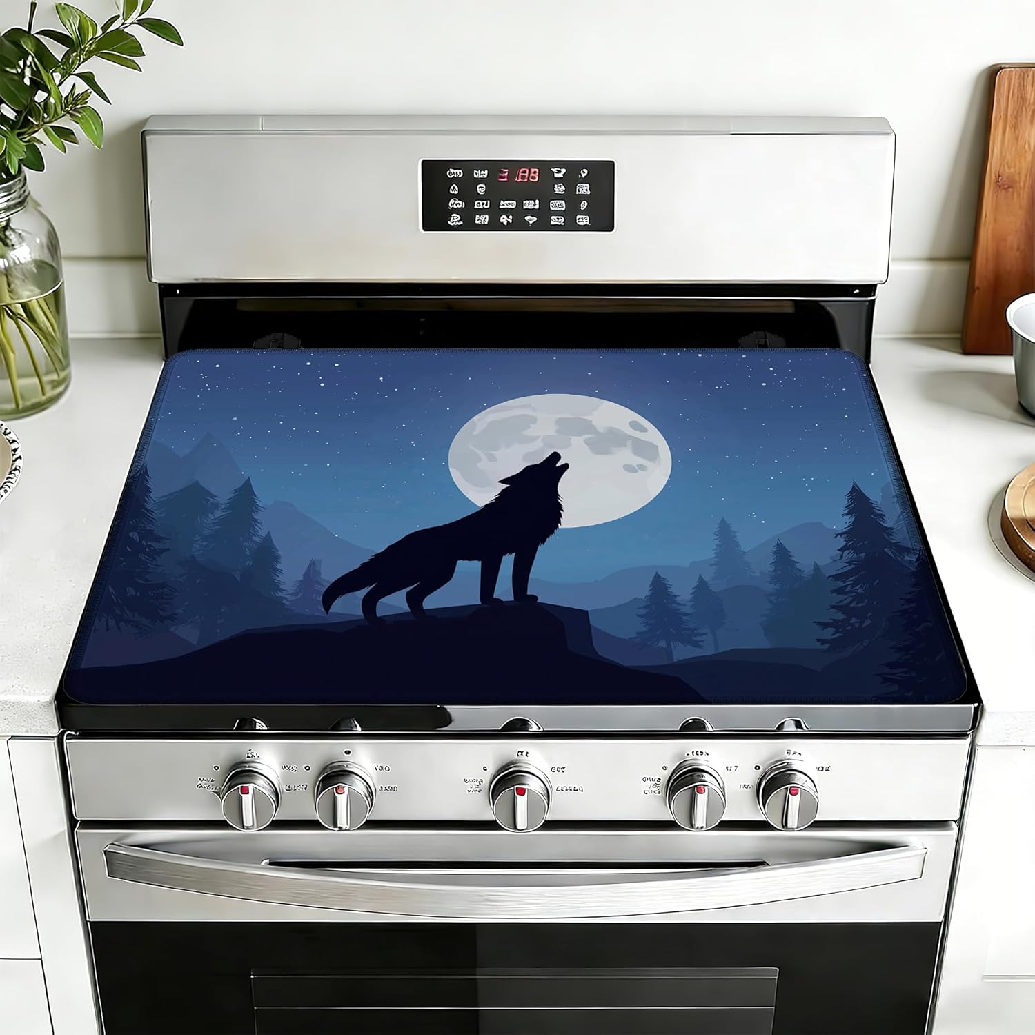Wolf Electric Stove Top Cover,Forest Moon Stove Top Cover for Electric Heat Resistant Mat for Gas Cooktop Kitchen Washable Countertop Protector Mat 28.5×20.5in