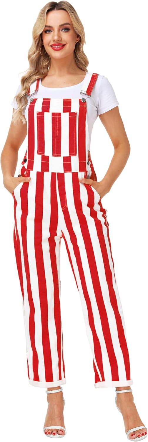 Womens Striped Bibs Overalls Cotton Denim Coveralls Stretch Jeans Jumpsuit - Image 4