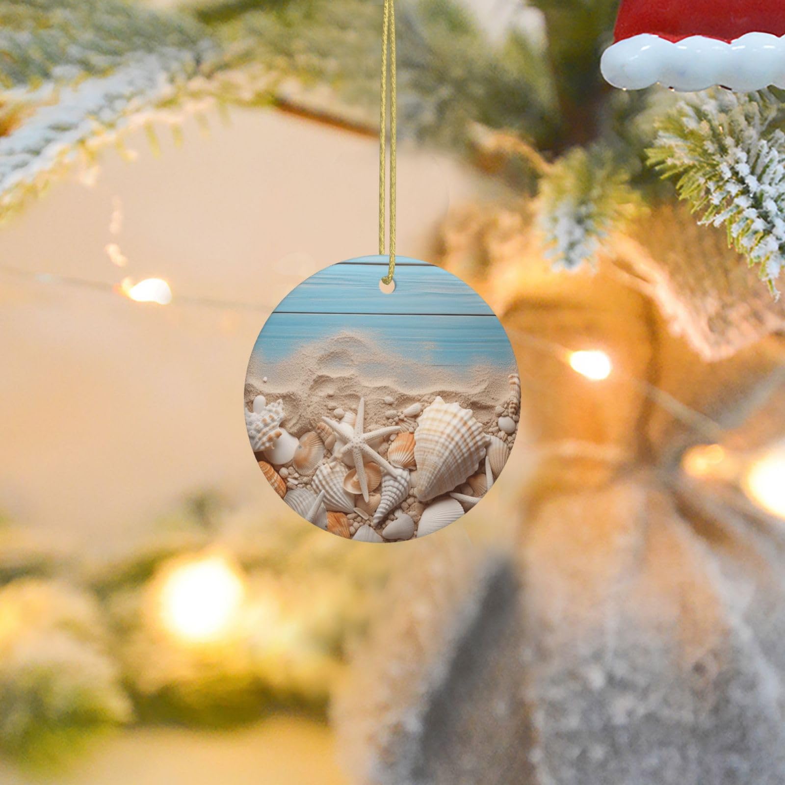 Christmas Tree Ornaments Ceramics Christmas Round Decorations Sea Shells and Starfish Ceramics Ornaments Circle Pentagram Xmas Tree Hanging Pendant for Christmas Tree Party Holiday Home Decor