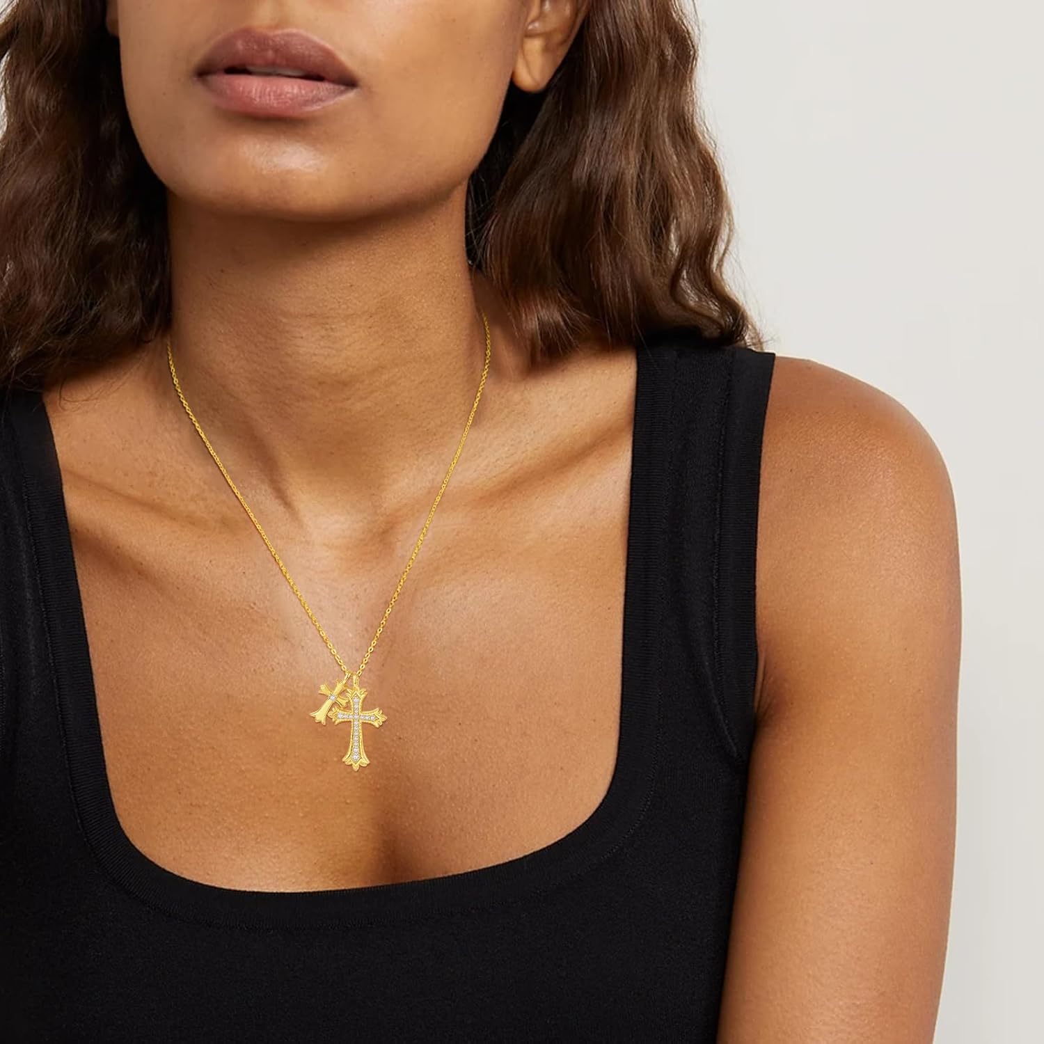 AENEAS Double Cross Necklace for Women Sterling Silver Gold Filled Cross Pendant Crucifix Religious Faith Jewelry Gift for Women