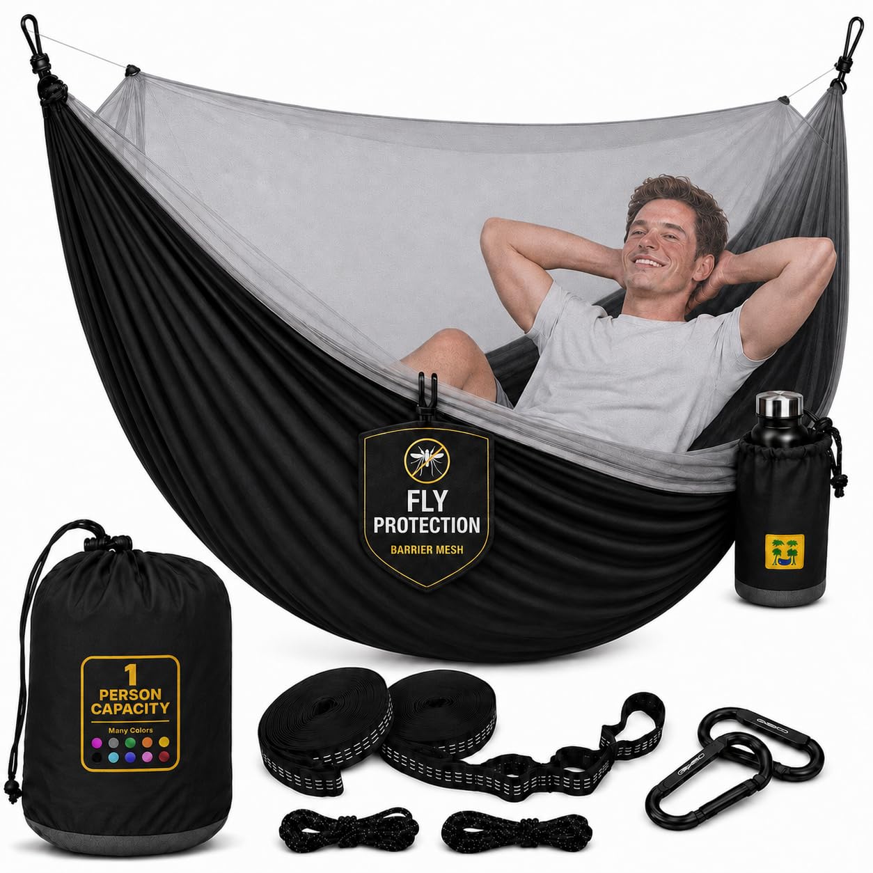Durable Hammock 500 lb Capacity, Nylon Camping Hammock Chair - Double or Single Sizes w/Tree Straps and Attached Carry Bag - Portable for Travel/Backpacking (Large, Black with Net)