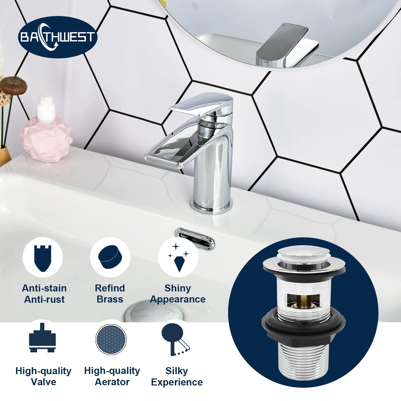 Miscelatore per lavabo Monoblocco Bagno Rubinetti per lavabo Singola Leva Ottone Cromato Rubinetti per lavabo UltraSottile Uscita Calda e Fredda Miscelatore con 2 × M10 × 12 BSP