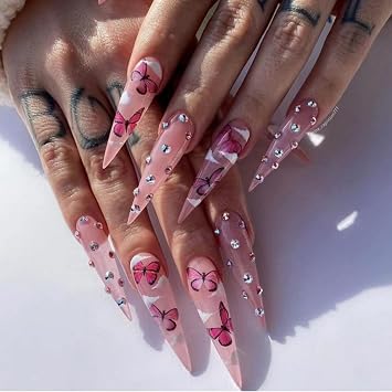 JUSTOTRY 24 Pcs Stiletto Butterfly Fake Nails Long,Pink French Press on Nails Patterns, Beautiful Cloud Almond Stick on Nail for Women, Acrylic Extra Long False Nail for Nail Art
