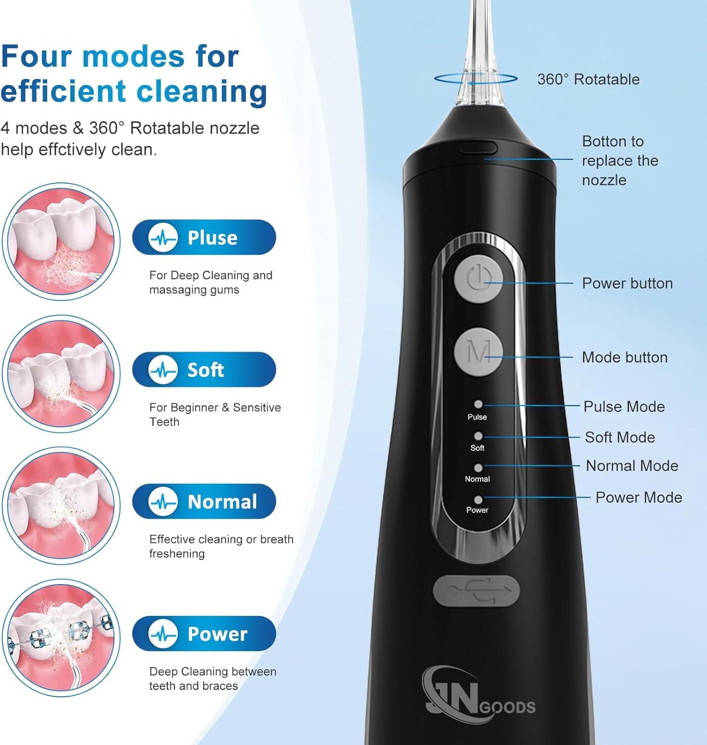 Idropulsore dentale senza fili, irrigatore orale, 310 ml, ricaricabile, per denti, IPX7, impermeabile, 4 modalità, irrigatore portatile con 4 punte a getto, per viaggi e uso domestico (nero)