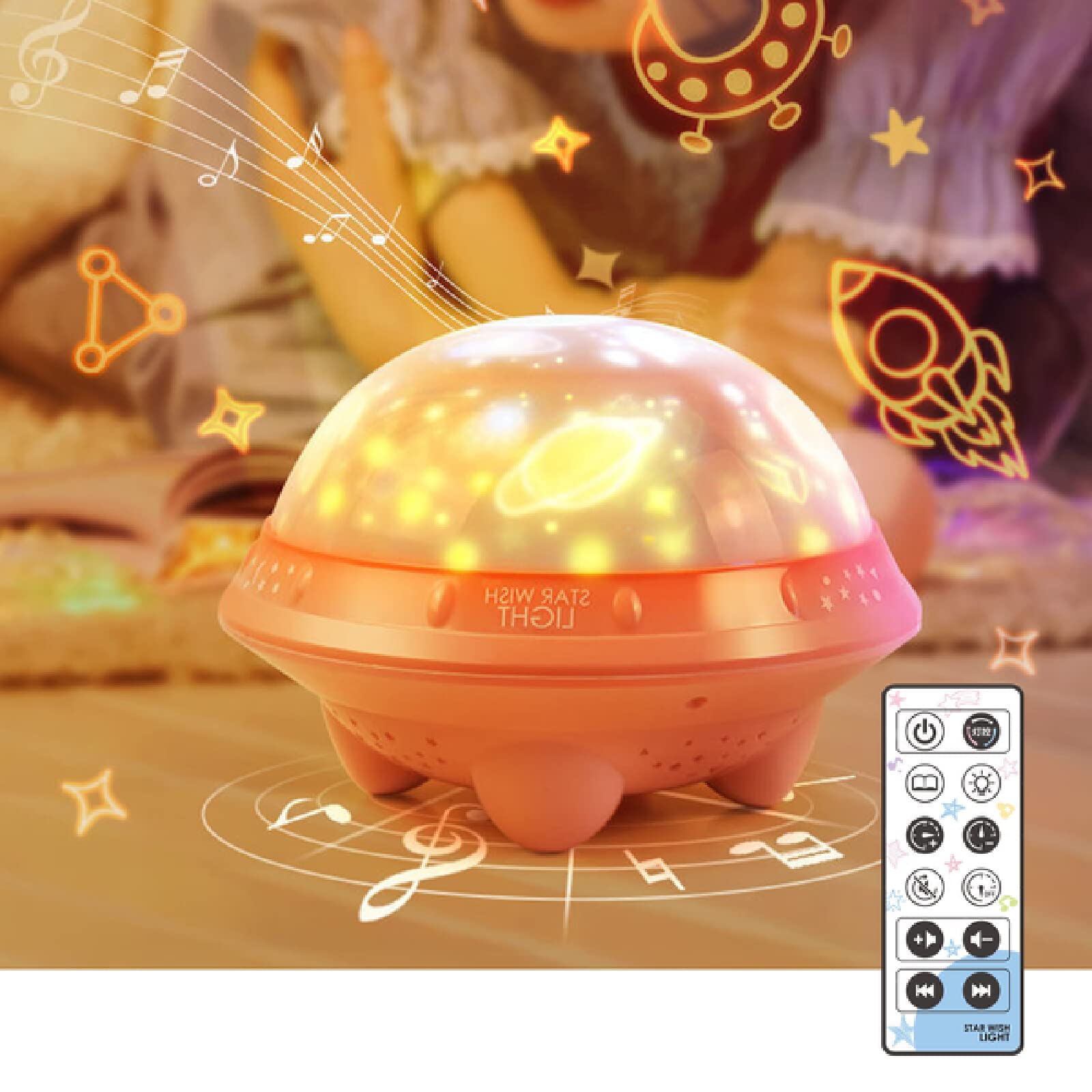Luz nocturna para niños, Proyector de estrellas, Luz nocturna giratoria con música + Control remoto + 7 colores, Cumpleaños LED para bebés, Cosas para bebés recién nacidos [Nivel de energía A ++]