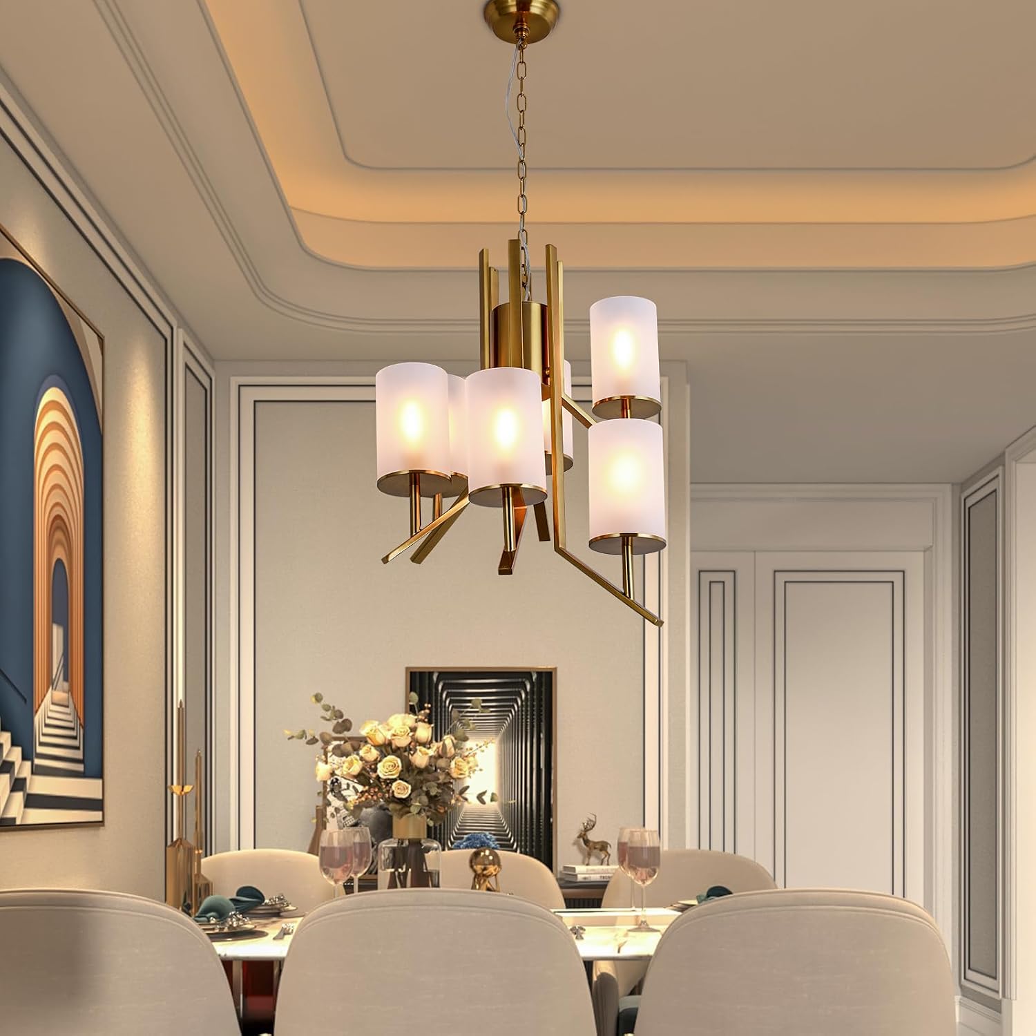 Maxax 6-Light Modern Gold Chandeliers, Farmhouse Pendant Light with Frosted Glass Shades,Gold Round Chandeliers Hanging Lamp for Kitchen Island Dining Table Entryway