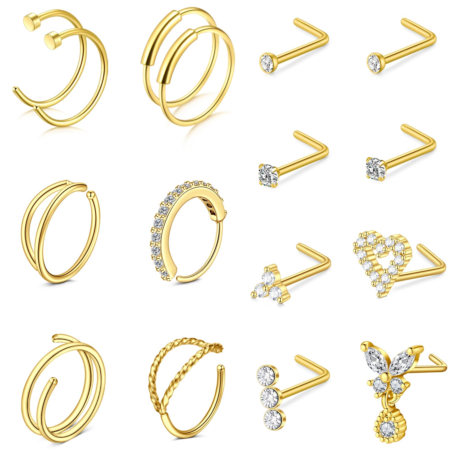 Rajnard 316L Acero Quirúrgico Anillo de la Nariz Studs 20G Oro en Forma de L Tornillo de la Nariz Anillos Piercing Joyería para Mujeres Niñas