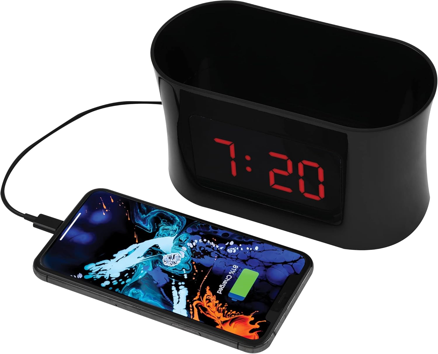 The RCA RCDC45 Alarm Clock Caddy with a smartphone connected via USB cable, indicating it is charging.